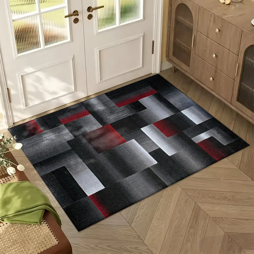 Black Red Gray Geometric Gradient Crystal Velvet Area Rug Non‑Slip Modern Living Room Rug Geometric Area Rugs Decorative Area Rug Geometric Design Rug#GeometricGradientRug #ModernHomeDecor #BlackRedGrayRug #AbstractBlockCarpet #CrystalVelvetRug