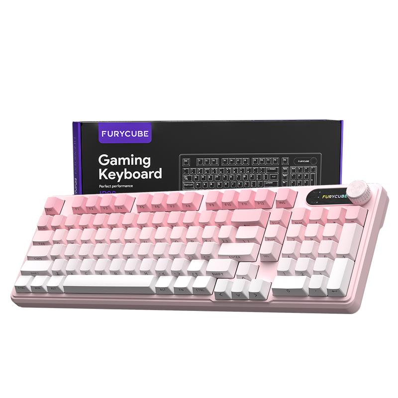 FURYCUBE IP98 Foudation Keyboard, 98 keys with Knob Transparent Keycaps Tri-Mode BT/2.4GHz/USB-C Cute Classic Keyboard with Number Pad, Media Knob Custom Mechanical Feel Keyboard, RGB Backlit Work/Office/Gaming Silent Keyboard, Budget Gift