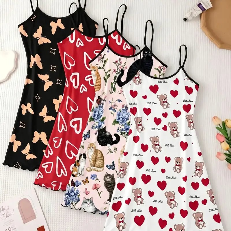 Women's 4-Pack Printed Cami Nightgowns, Sleeveless Mini Sleep Dresses with Lettuce-Edge Hems for Summer Loungewear