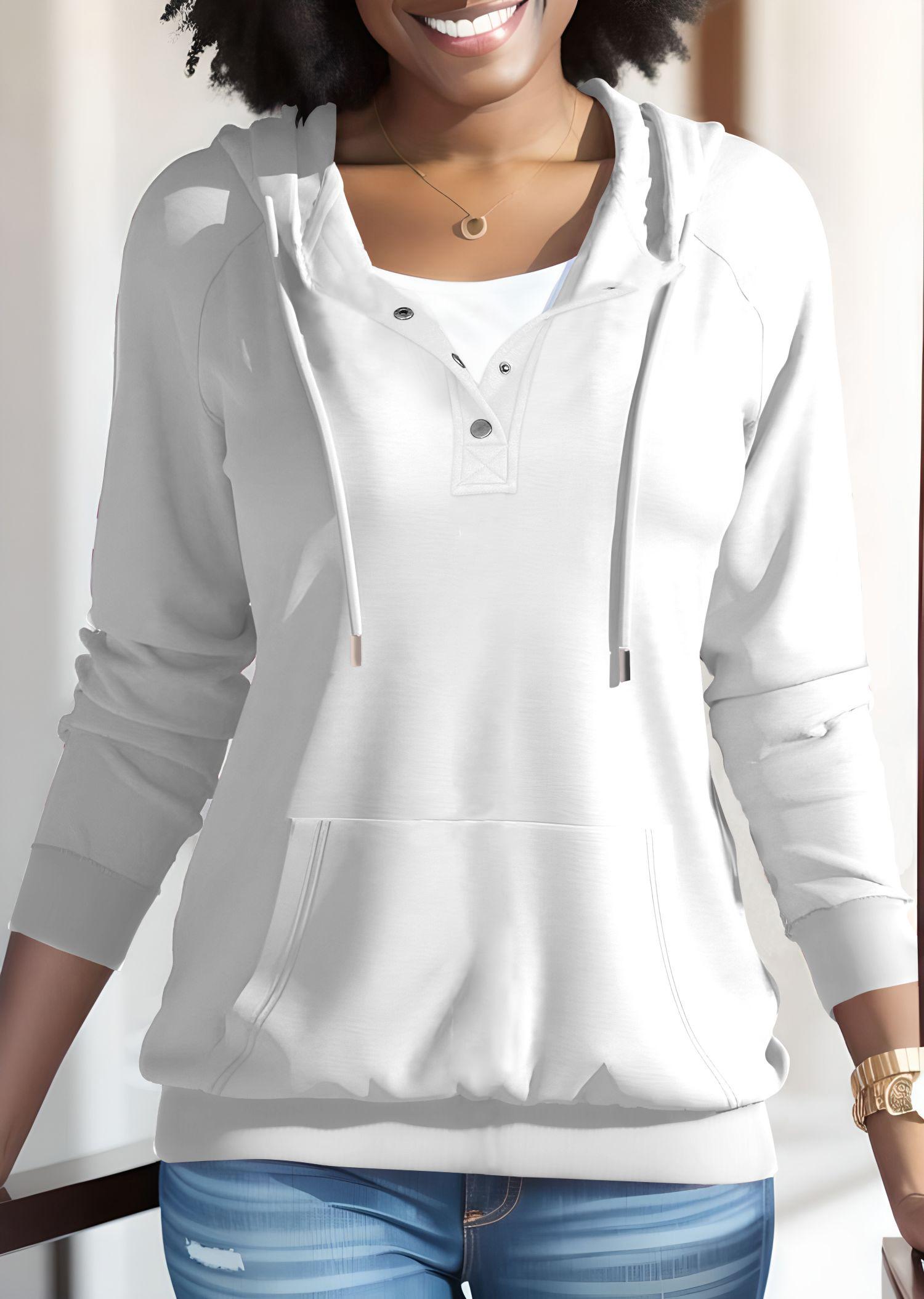 USBoutique Chic Women's Plain Half Button Raglan Sleeve Hoodie Casual Long Sleeve Drawstring Pocket Hooded Sweatshirt for Fall Ladies Clothes for Daily Wear Black Fitted Minimalist Tops