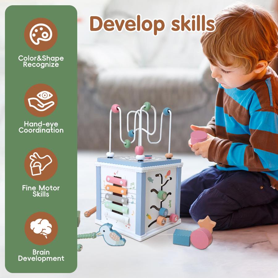 Wooden Activity Cube, 5-in-1 Activity Cube, Multifunctional Treasure Box Activity Toys, Featuring Shape Sorting, Stacking Blocks, Xylophone, Bead Maze, Birthday Gifts For Boys And Girls