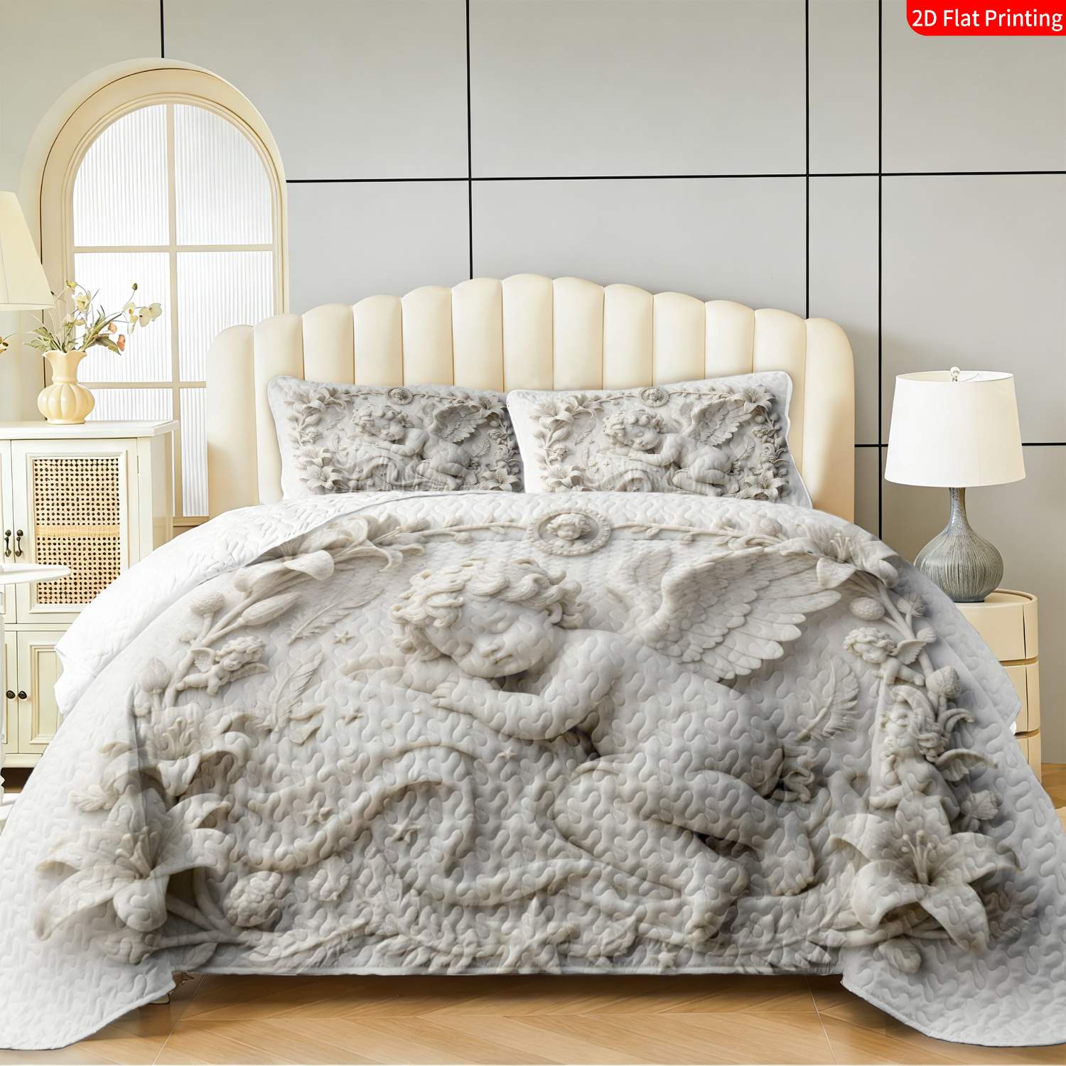 3 pcs, 2D flat print Angelic Relief Art bed cover set, Cherub & Floral Theme, multiple sizes available, bedding set, festive decorative bedding, ideal for bedroom decor(1 bedspread , 2 pillowcases)