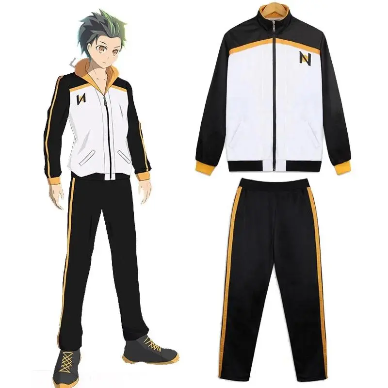 Subaru Anime Cosplay Costume Sportswear Re:Zero kara Hajimeru Isekai Seikatsu Jacket Pants Suit Black White Tracksuit Uniform