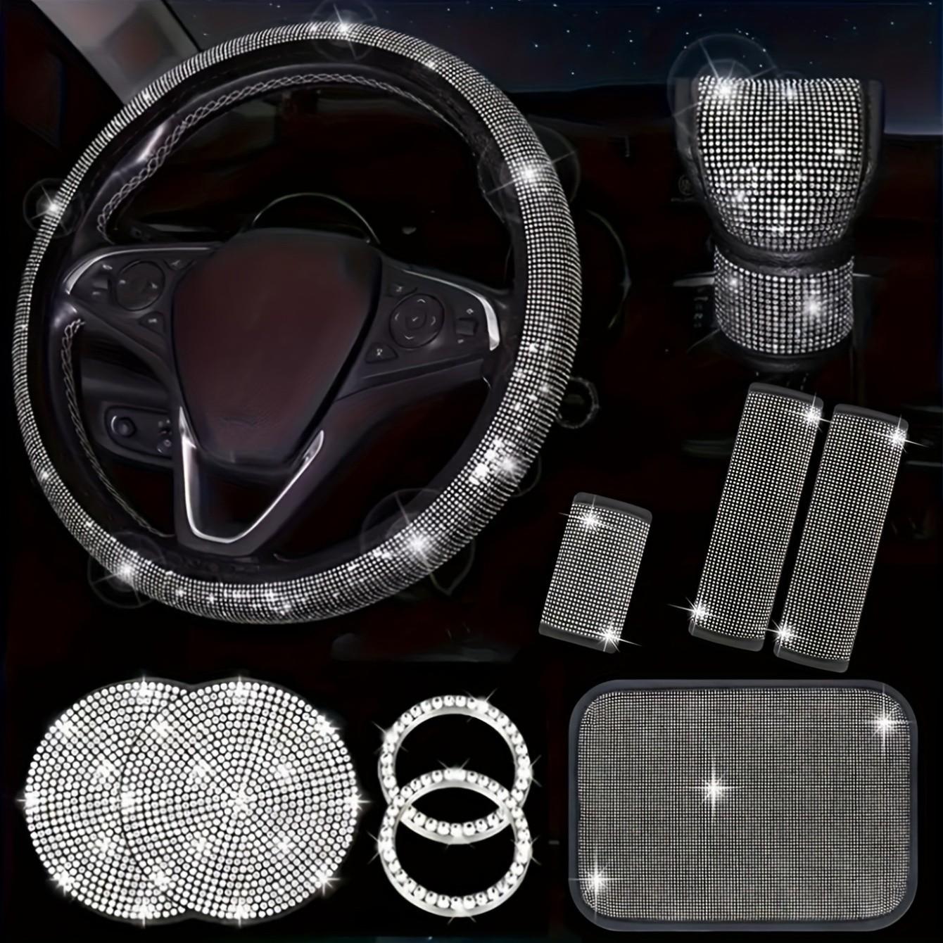 10-Piece Car Interior Set, Bling Car Accessories, Diamond Steering Wheel Covers, Sparkling Rhinestone Seat Belt Clips, Gear Shift Cover, Cup Mat, Fits Most Cars