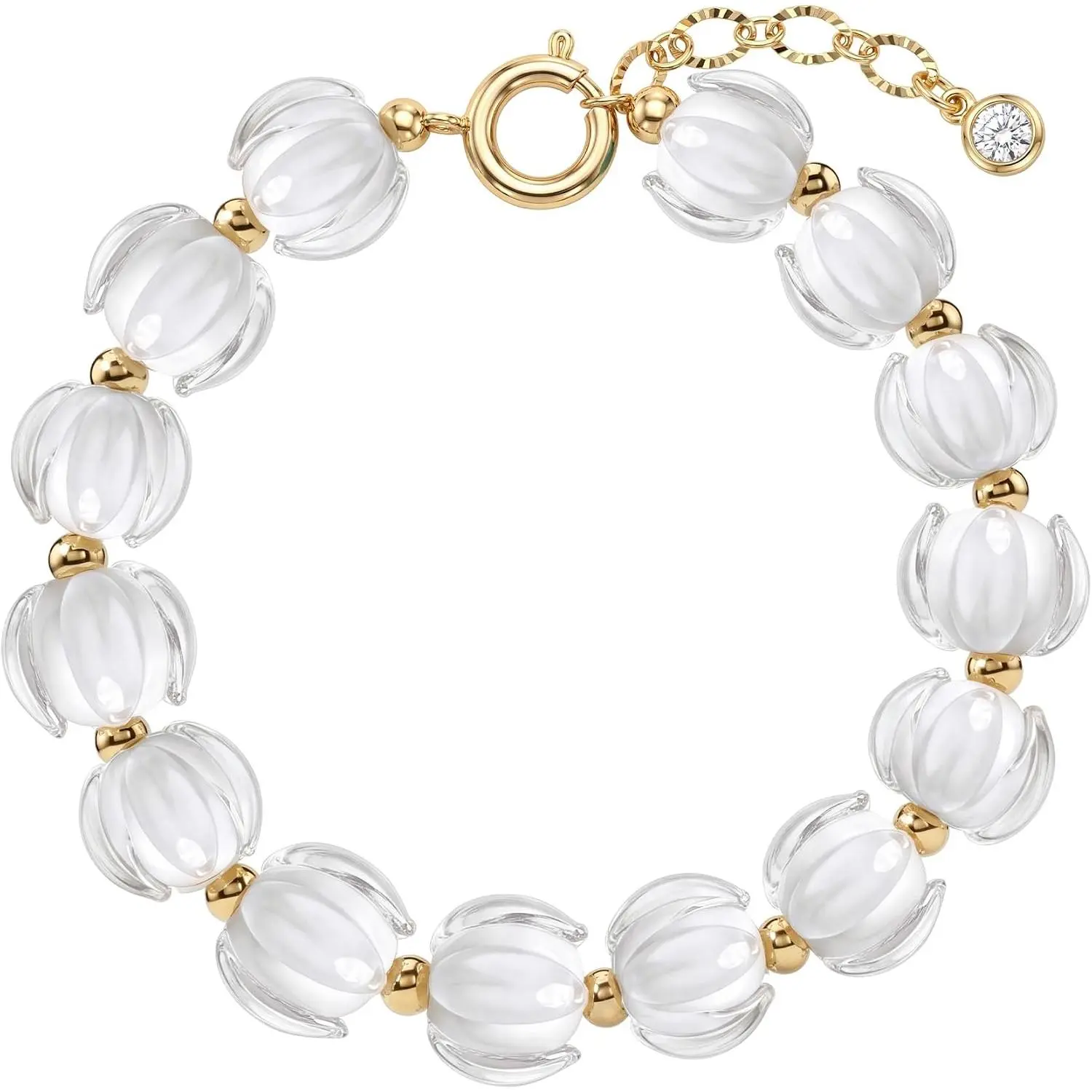 Bloom Glass Bead Strand Bracelet for Women | 14K  plated brass, sculptural glass bloom beads, white or multicolor styles, 7 in plus 1.2 in extender, summer stacking
