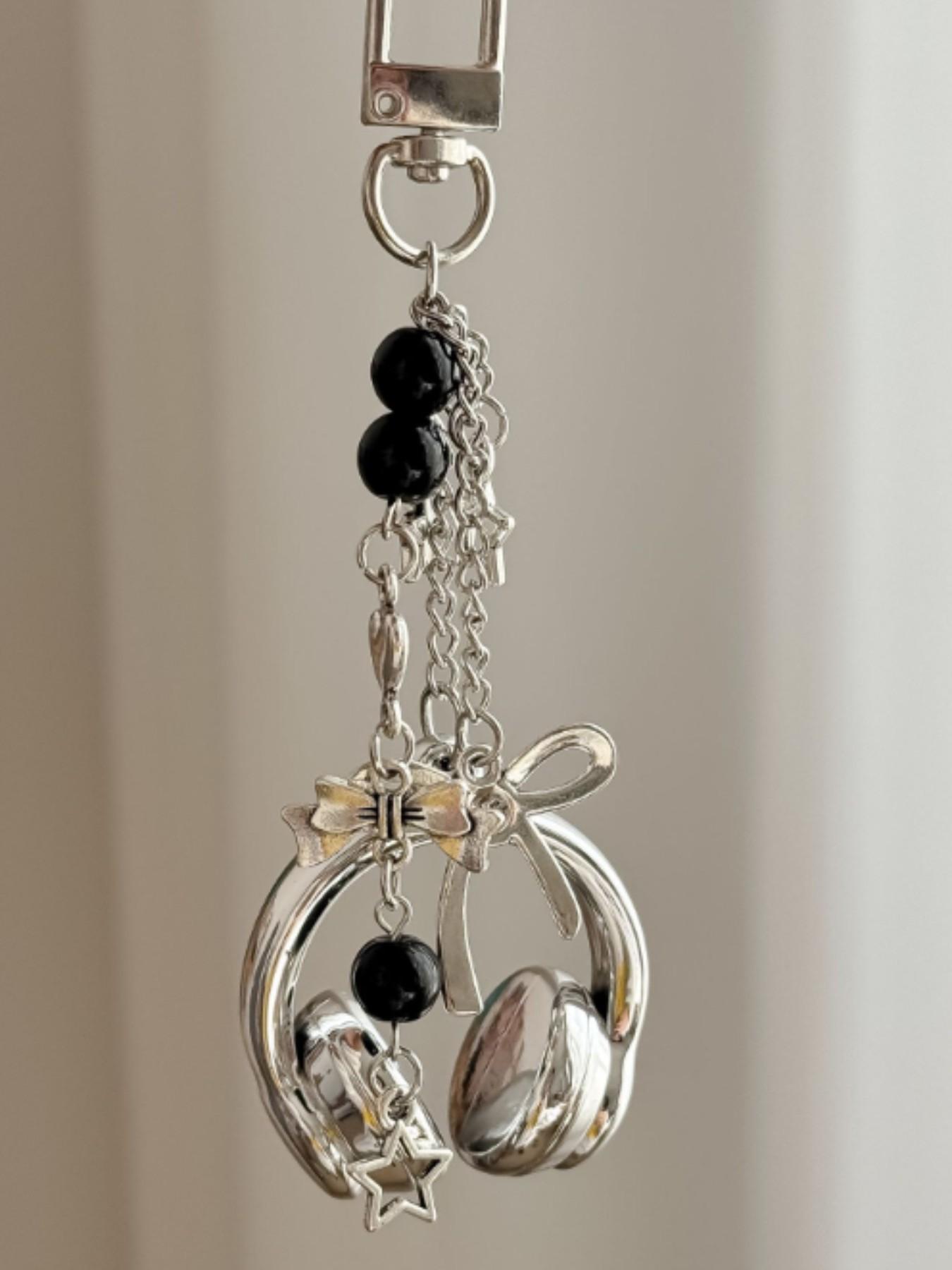 Cute Creative 3D Beaded Earphone Keychain Bag Charm, Headset Phone Strap Pendant,Music Headphone Keyring Bag Keychain Phone Chain Unisex Backpack Pendant Hanging Decoration Accessory,Ideal Gift for Friends/Besties/Family/Couple Black Silver Pink