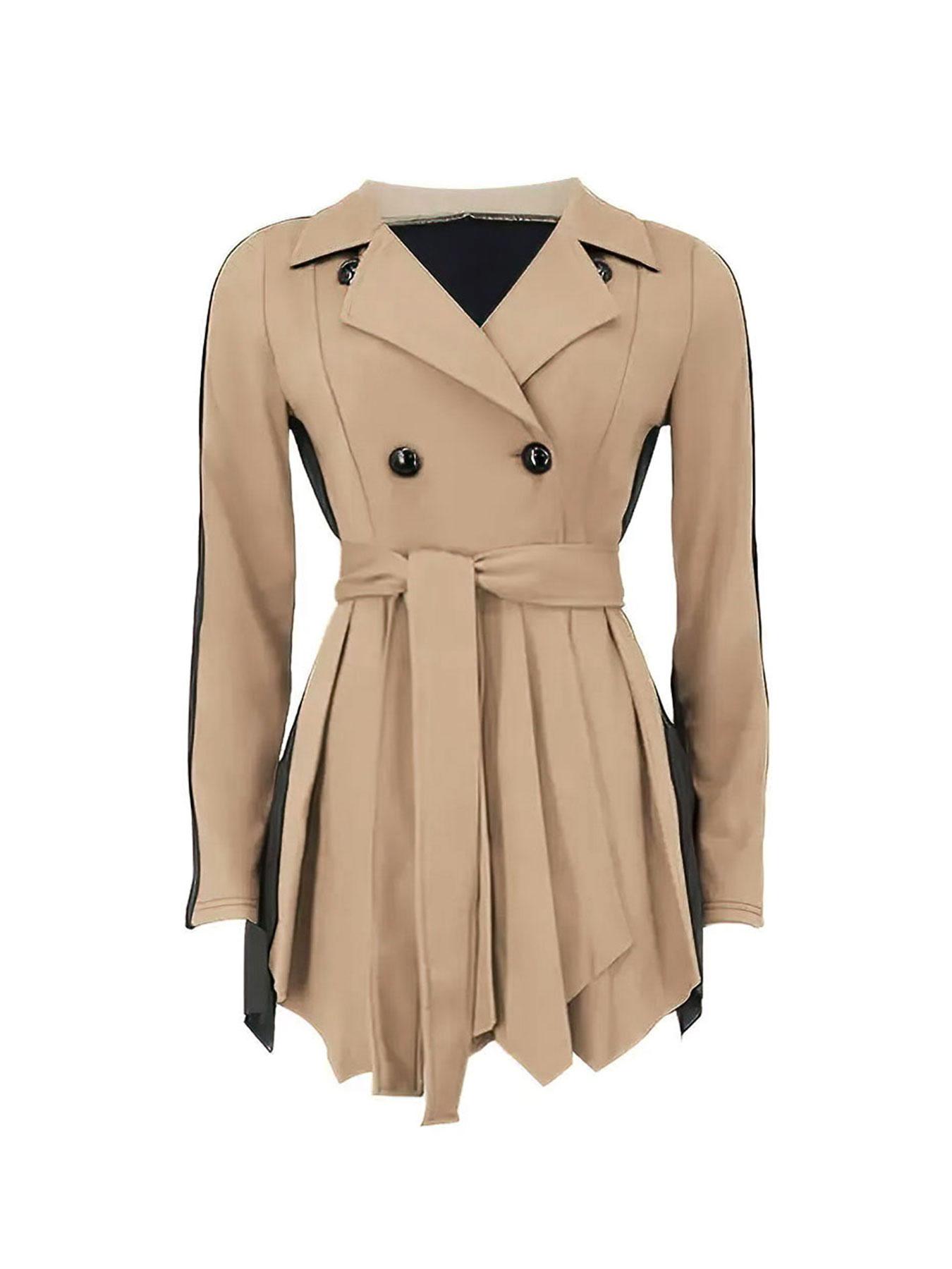 Women's Colorblock Double Button Plicated Belted Blazer Dress, Elegant Lapel Neck Long Sleeve Short Dress for Fall & Winter, Women's Clothing for Daily Wear