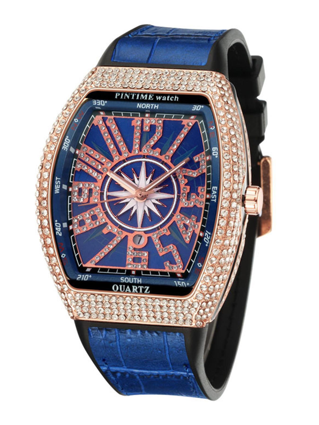 Men's Business Quartz Watch, Barrel Shape Starry Strap, Yacht Diamond Vintage Large Dial, Waterproof Stone Watch, 1pc