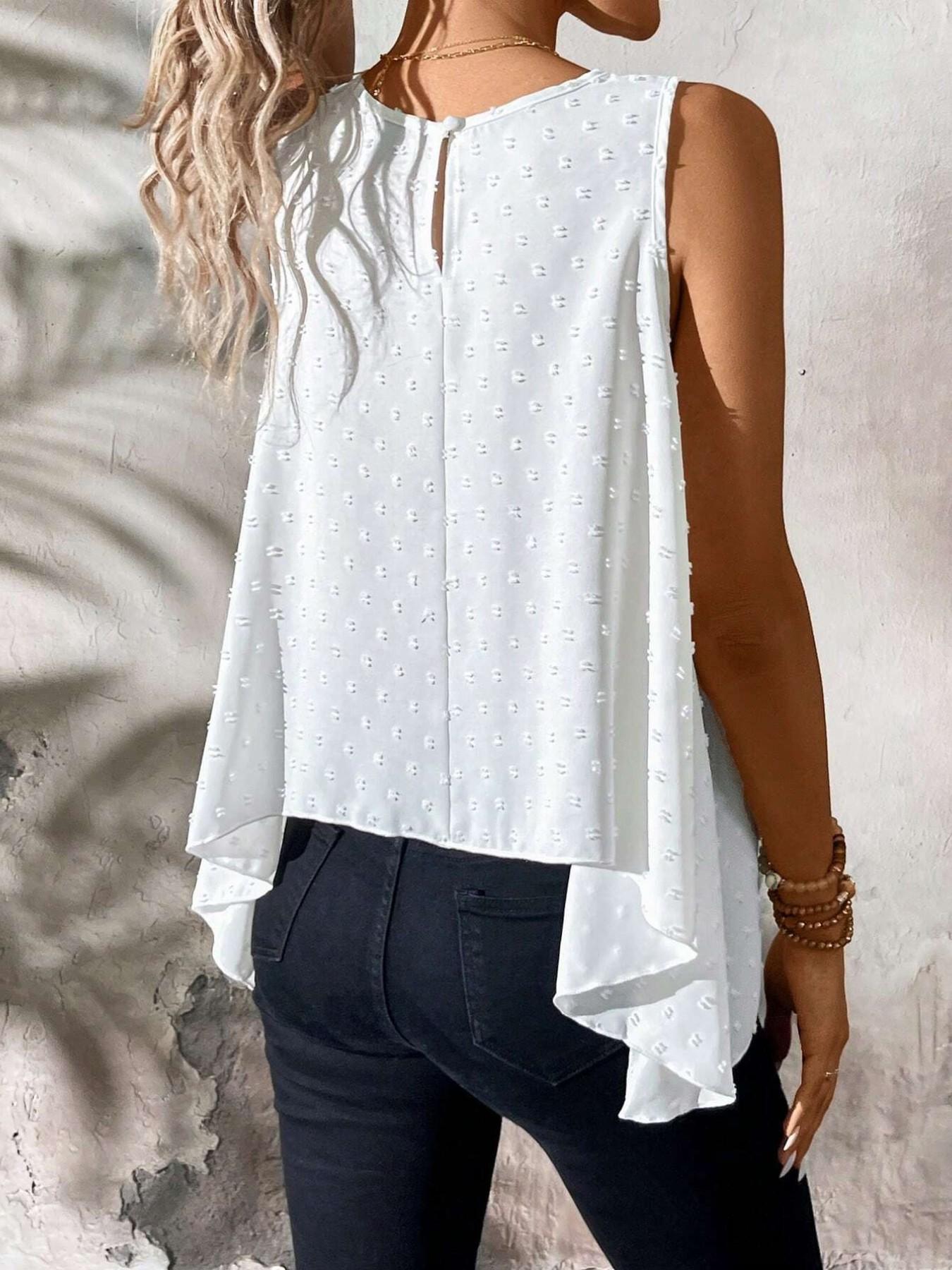 Women's Jacquard Sleeveless Vest, Casual Loose Fit Asymmetrical Hem Top, Summer Round Neck Versatile Shirt