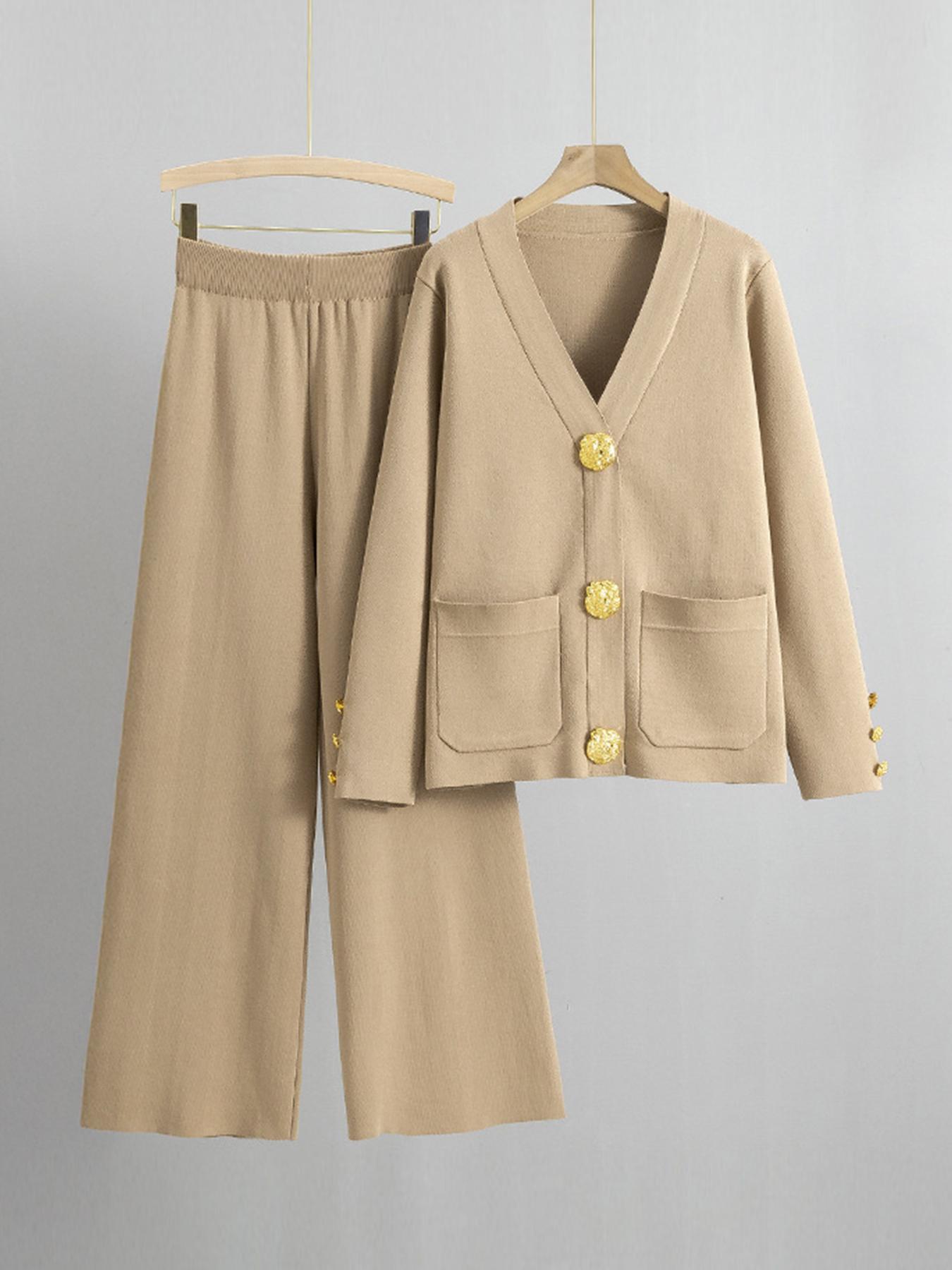 Women's Versatile V-Neck Gold-Toned Button Side Pocket Cardigan & High Waist Wide Leg Trousers Co-ord