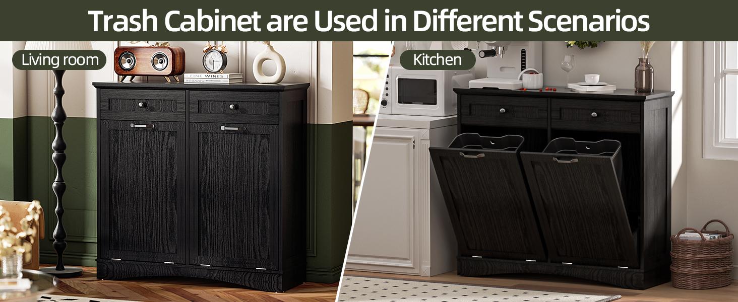 【Does Not Include Trash Can】AHB Double Tilt Out Trash Cabinet Freestanding Kitchen Trash Cabinet, 2x13 Gallons Hidden Garbage Recycling Cabinet with Hideaway Drawers Pet Proof Trash Can for Kitchen Living Room, Grey