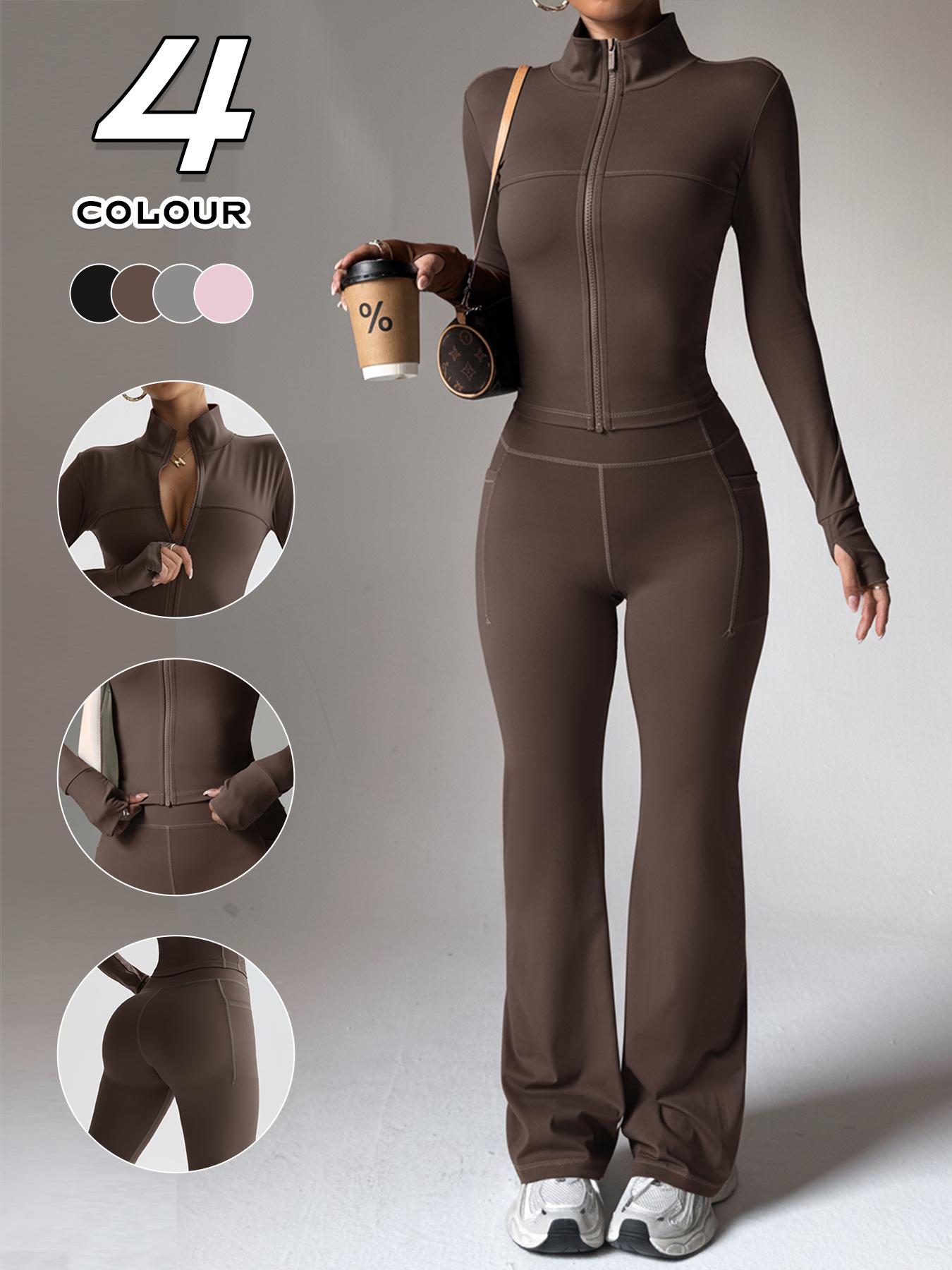 Women's High Stretch Quick-Dry Breathable Long Sleeve Top and Wide Leg Pants Set, Sporty Plain Design, All Seasons Wear