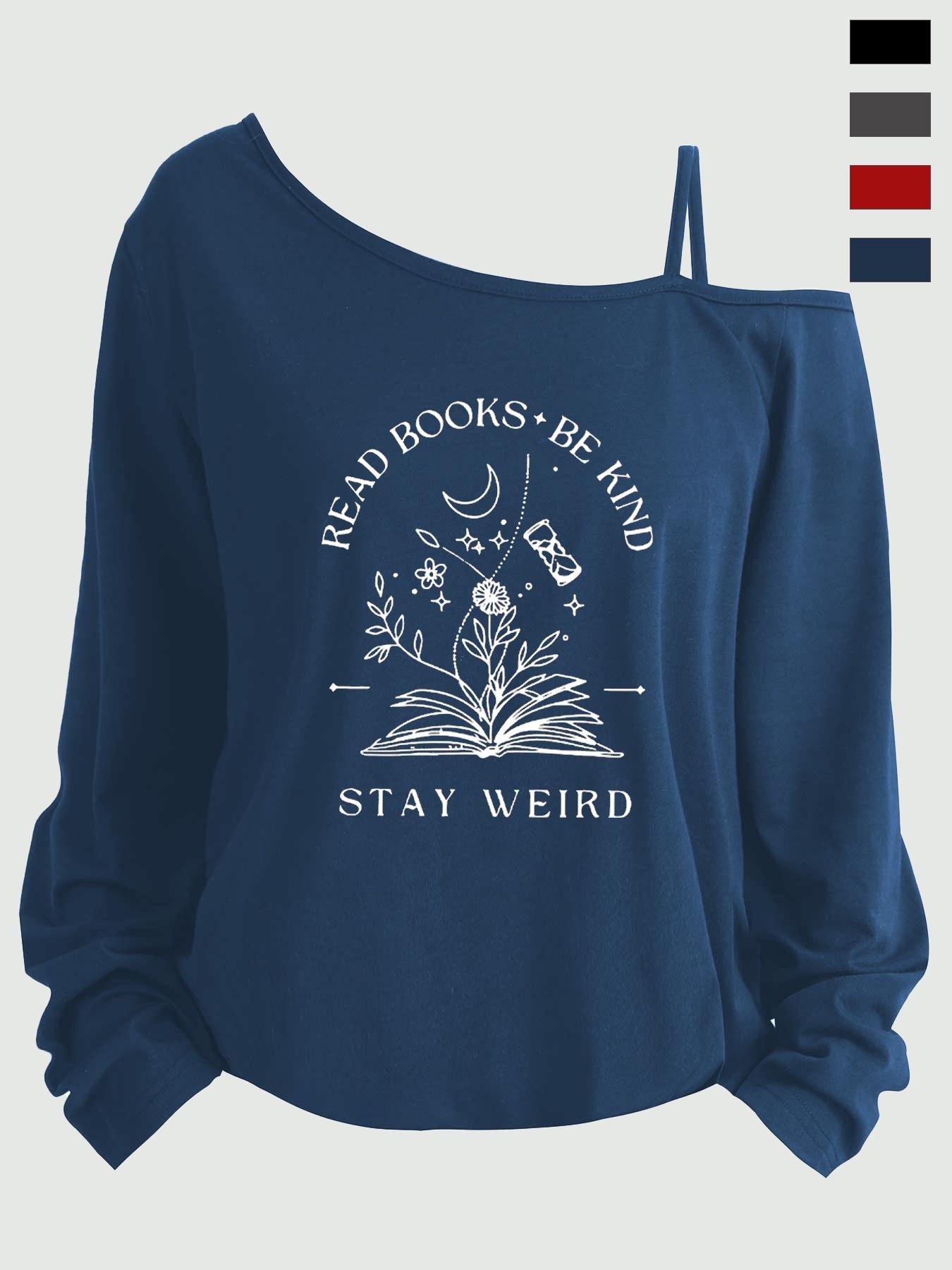 Plus Size Women's Loose-Fit Long Sleeve Cami Top, Asymmetrical Neckline, Letter Print, All Seasons, Sizes 1-8xl