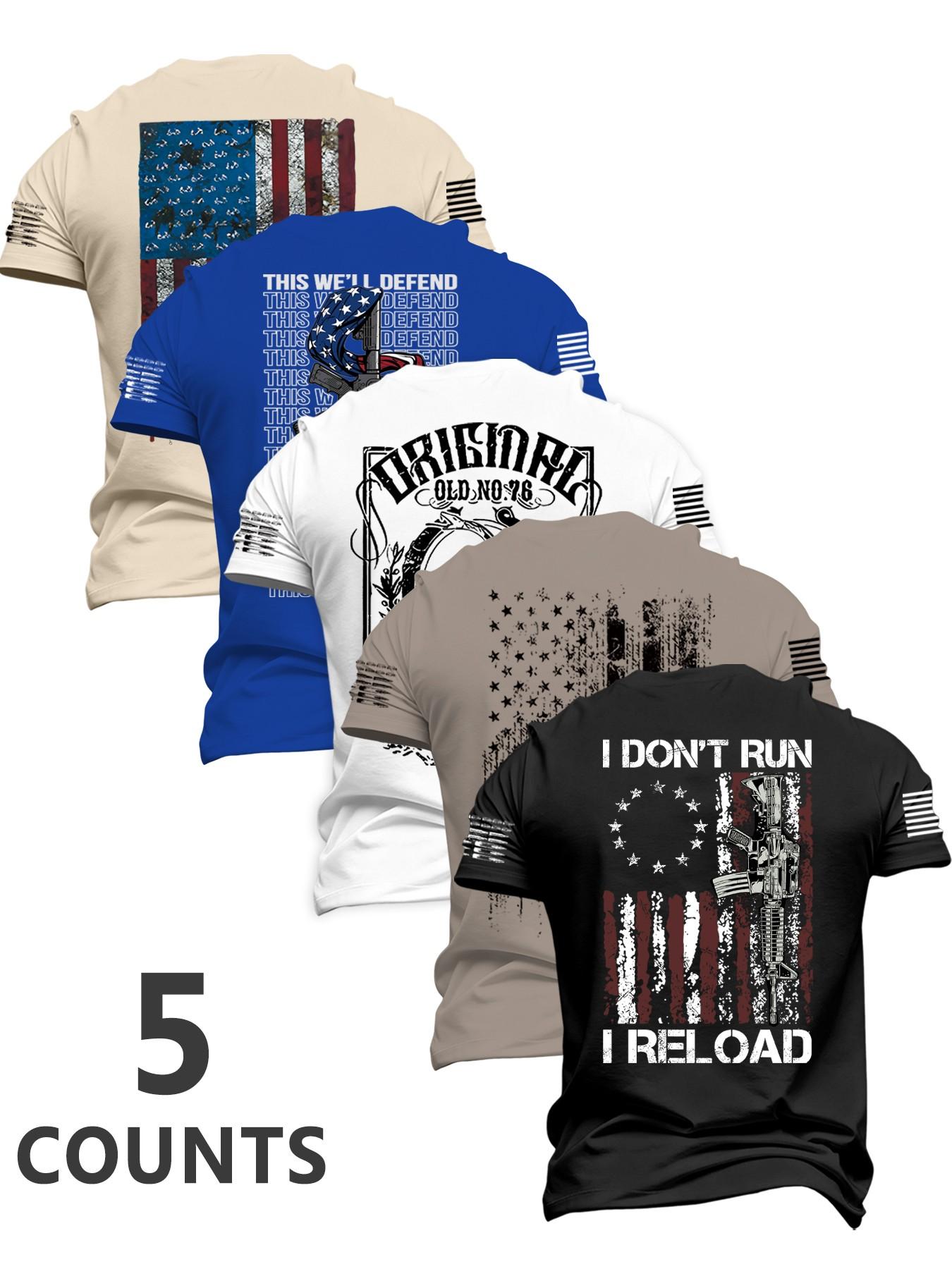 Men's Fashion Stylish Classic Round Neck Casual Short Sleeve T-Shirt, Summer Comfortable Flag Print Outdoor Tee, 5 Pack Set, Perfect for Boyfriend Daily Wear, Menswear