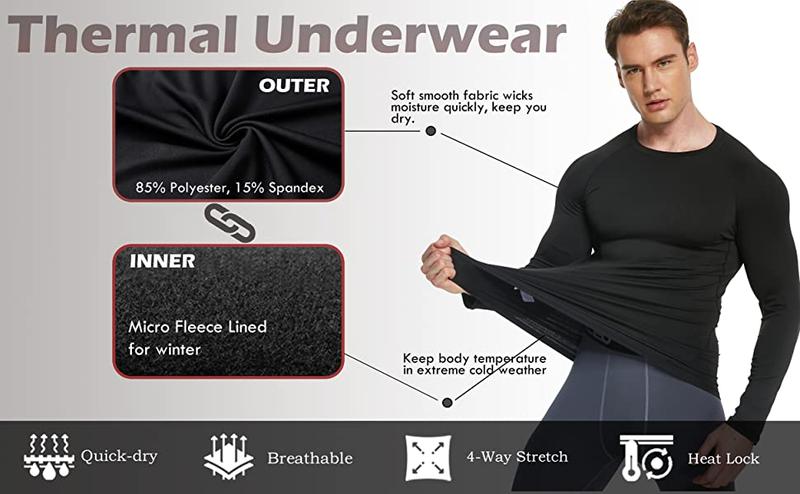 Men's 5 Pack Thermal Compression Shirt Fleece Lined Long Sleeve Athletic Base Layer Cold Weather Gear Workout Top for Activewear Fitness