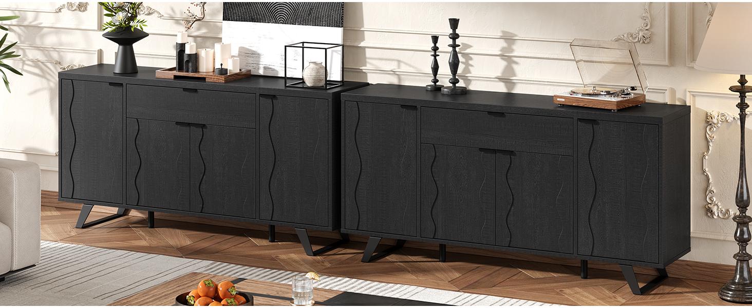 【Wavy Panel Design】ONBRILL 63" Sideboard Buffet Cabinet, Kitchen Buffet Storage Cabinet, Mid Century Modern Storage Cabinet with 4 Doors & Shelves, Wood Coffee Bar Console Wine Bar for Living Room, Kitchen,Hallway