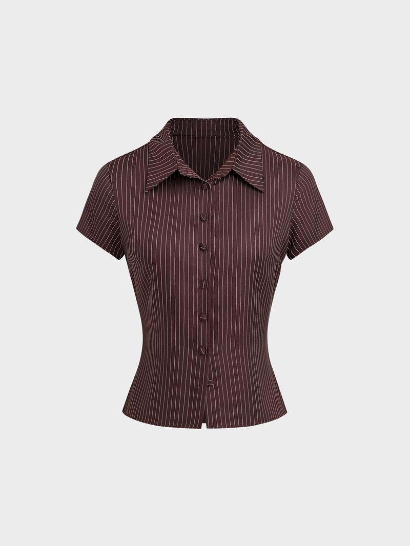 Women's Plain / Striped Print Button Shirt, Casual Fitted Collared, Casual Slim-fitting Short Sleeve Collared Top for Daily Wear, Ladies Clothes for All Seasons