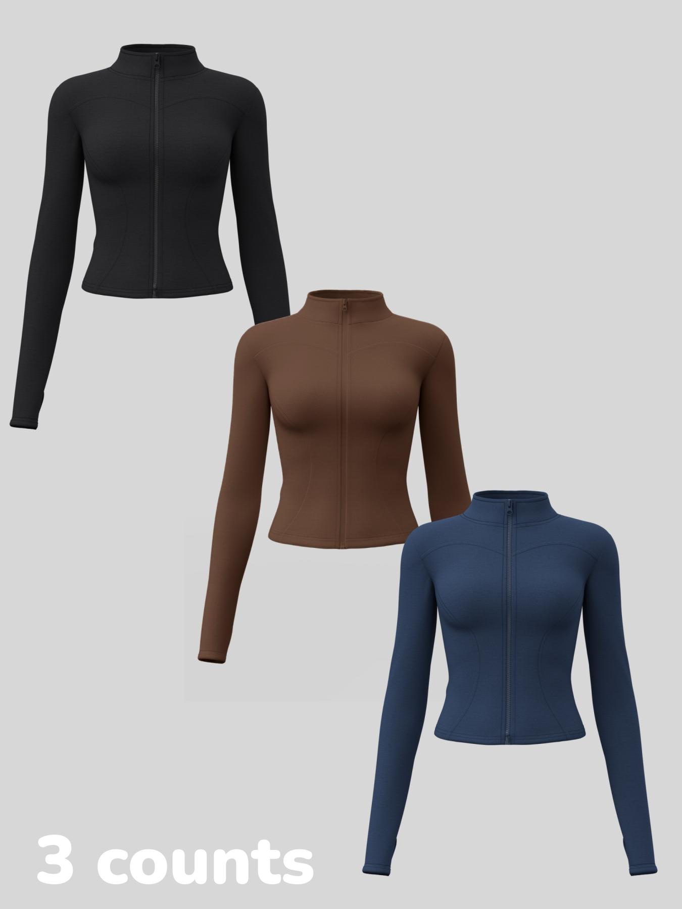 Women's Long Sleeve Yoga Jacket Set, Sports Outerwear, High Neck Zipper Closure, Quick-Dry Fitness Top, Tight-Fitting Sports Wear, Athletic Sports Clothing, 3 Piece Pack