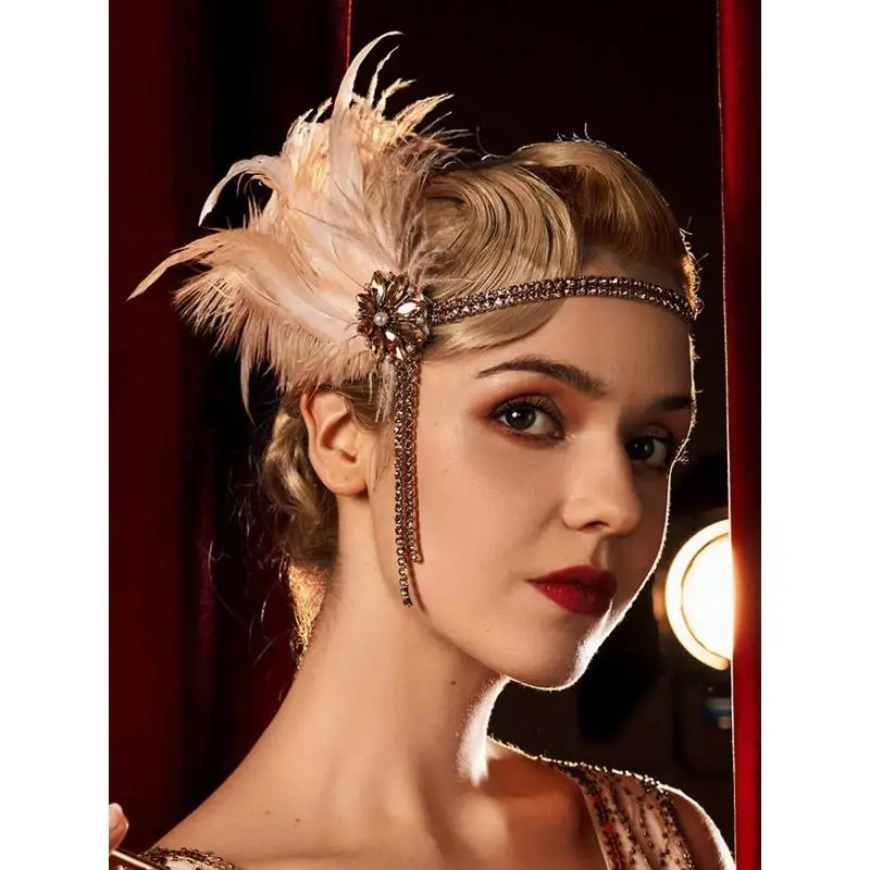 1920s Jazz Age Flapper Style Costume Accessories Set for Women, Retro Roaring 20s Vintage Party Kit Including Feather Headband, Pearl Necklace, Long Gloves & Rhinestone Diamond Earrings