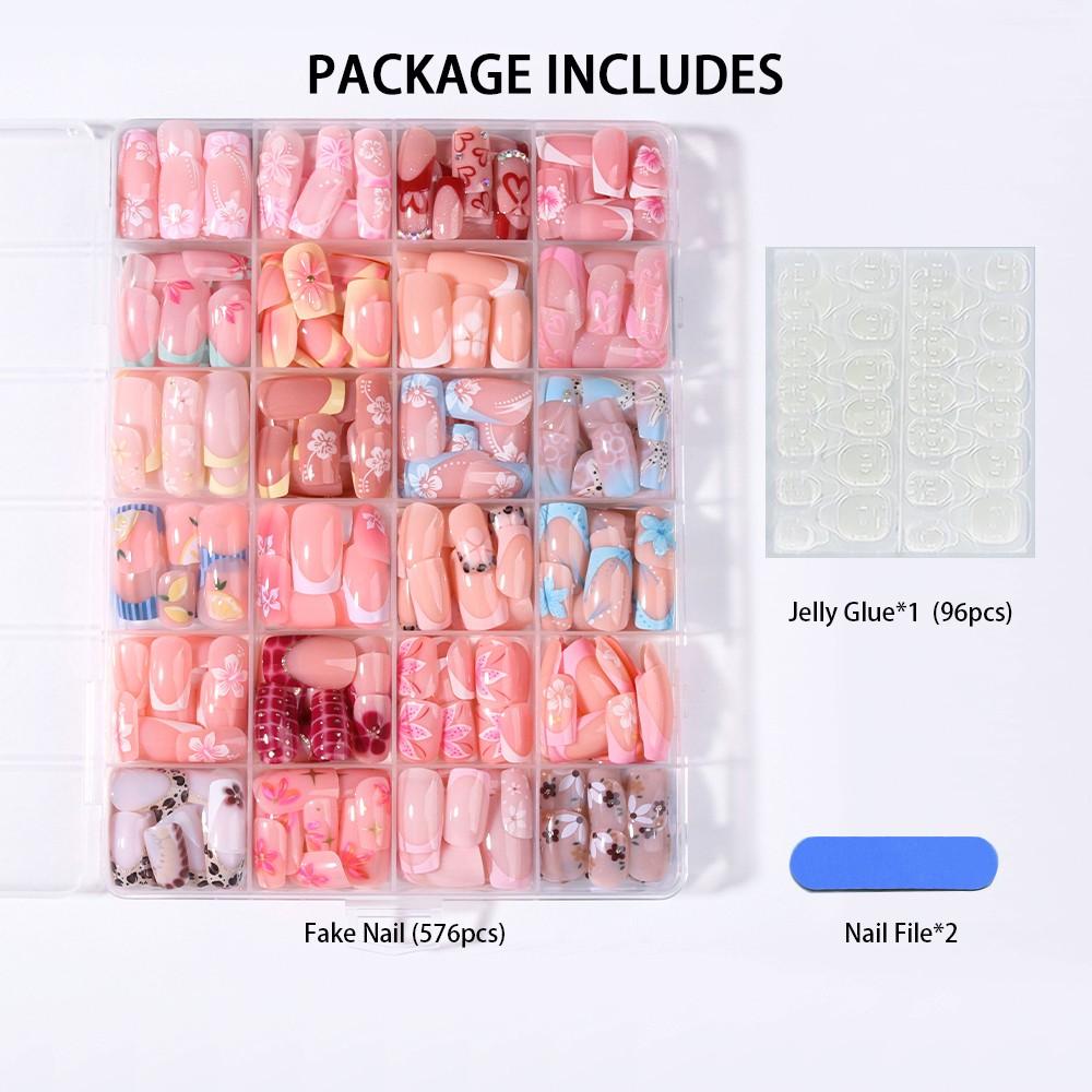 576pcs Short Square French Press-On Decorative Nails, 3D Gel Flower Peony Nail Art with Polka-Dot and Leopard Patterns, Acrylic False Nail Set