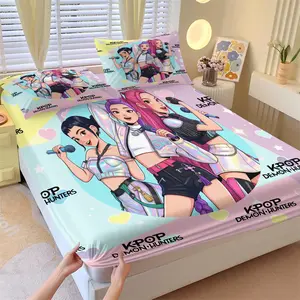 3-Piece K-pop Anime Girl Group Idol Fitted Sheet Set, 1 Fitted Sheet + 2 Pillowcases, Soft Comfortable Breathable Fabric, Deep Pocket Non-Slip Mattress Cover, All Season Kawaii Cartoon Bedding, Ideal for Kids Girls Teens Bedroom Decor or Gift