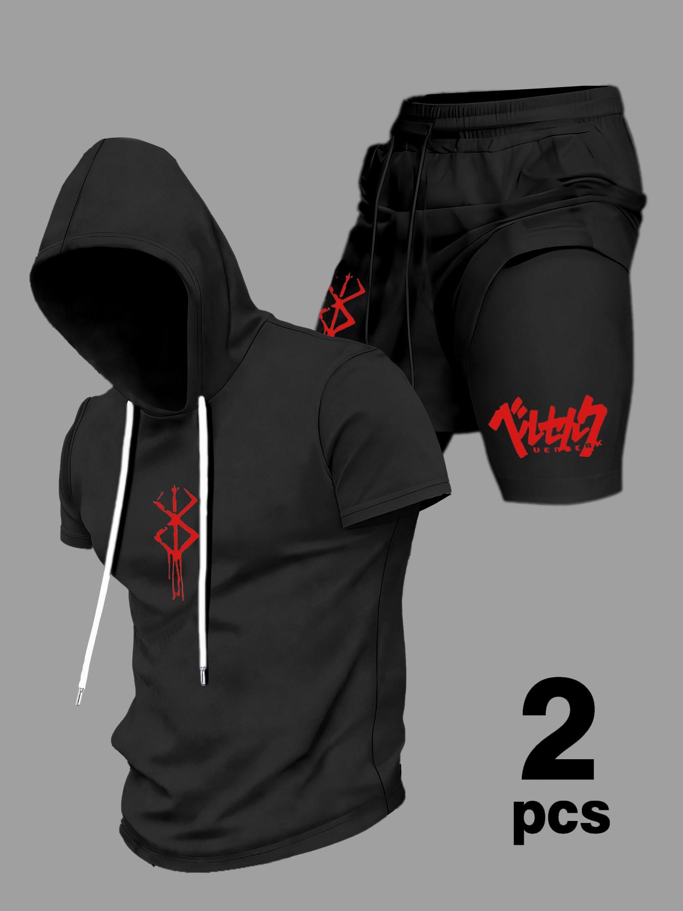 Berserk 2-Piece Short Set: Black Short Sleeve Hoodie & Double-Layer Shorts with Iconic Red Sacrifice Logo & Japanese Kanji | Anime Streetwear for Men & Women | Casual Techwear Loungewear
