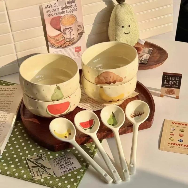 Cute Fruit Ceramic Bowl Creative Kawaii Hand-painted Ceramic Anti-scald Soup Bowl Home Kitchen Noodle Ramen Tableware Bowl