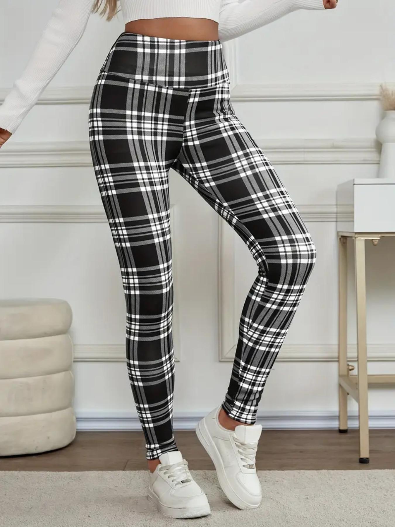 Women's Winter High Waist Plaid Fleece Lined Pants, Elastic Warm Lamb Velvet Nine-Point Leggings, Casual Fashion S-Xxl, Stretchy Soft Leggings