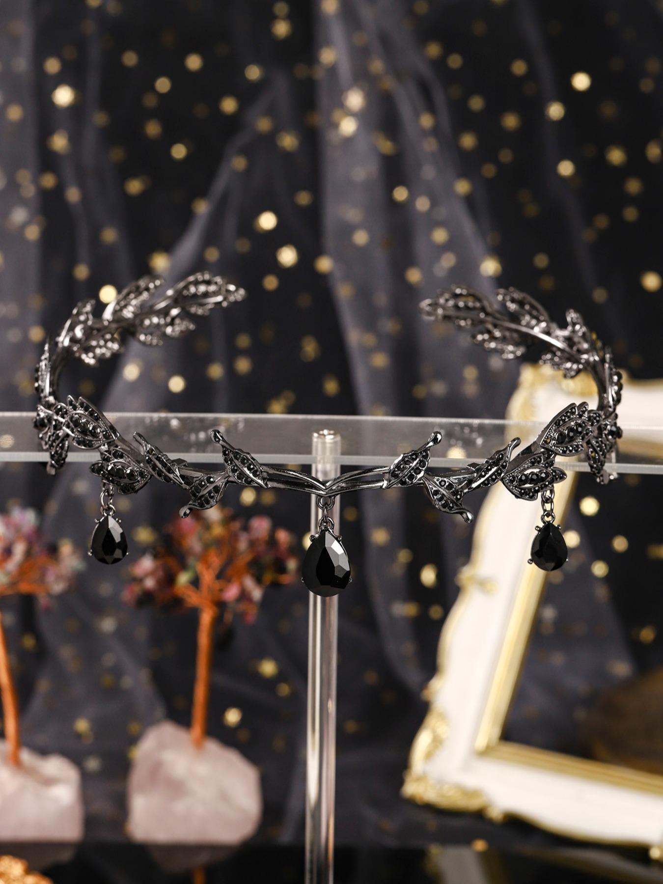 Vintage Creative Alloy Rhinestone Leaf Water Drop Pendant Headpiece Crown, Adjustable Bridal Party Accessory, Holiday Gift