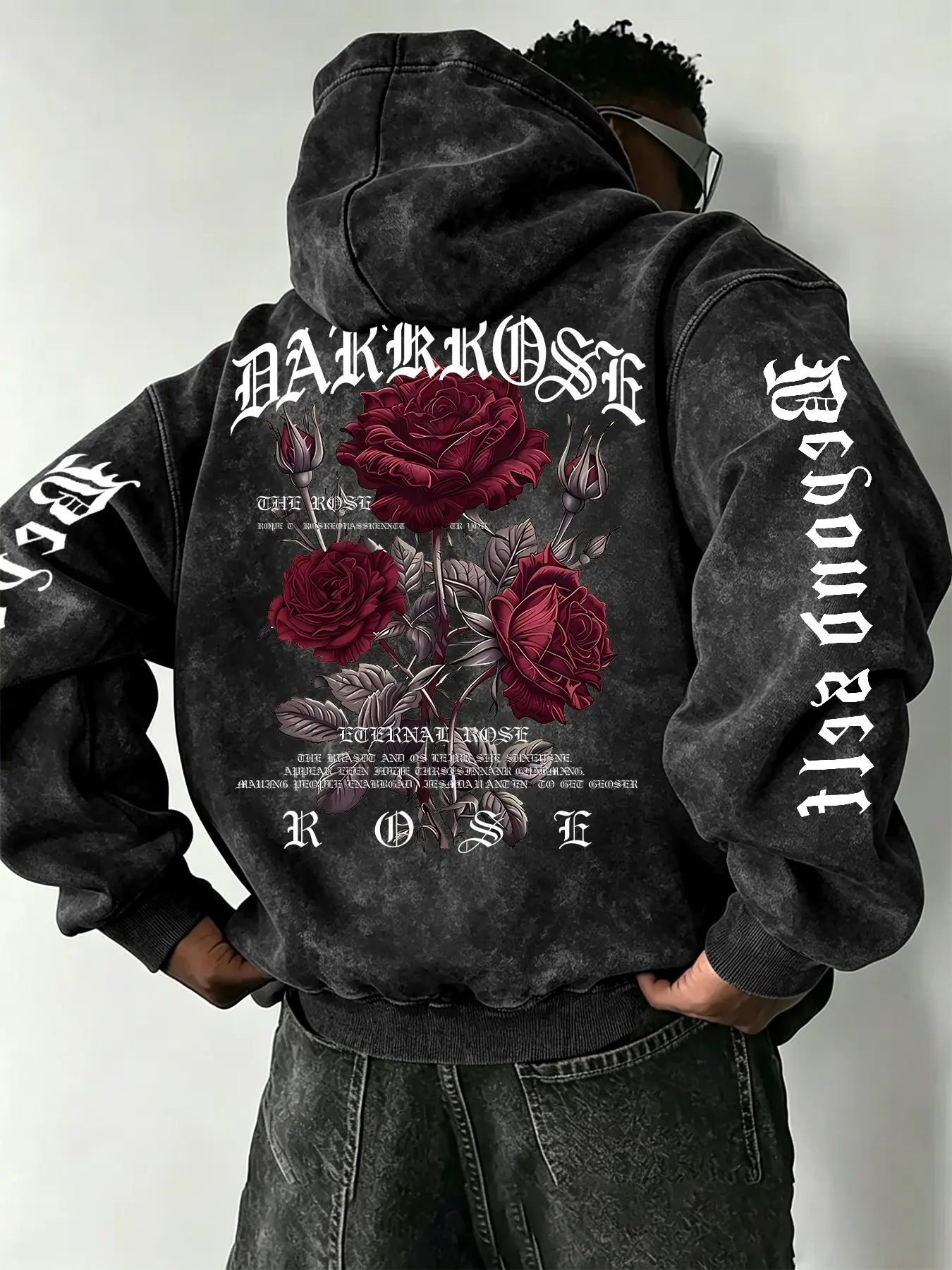 Men's Hooded Cotton Sweatshirt, Rose Illustration & Gothic Lettering, Soft Durable Washed Look, Trendy Fall Winter Outerwear