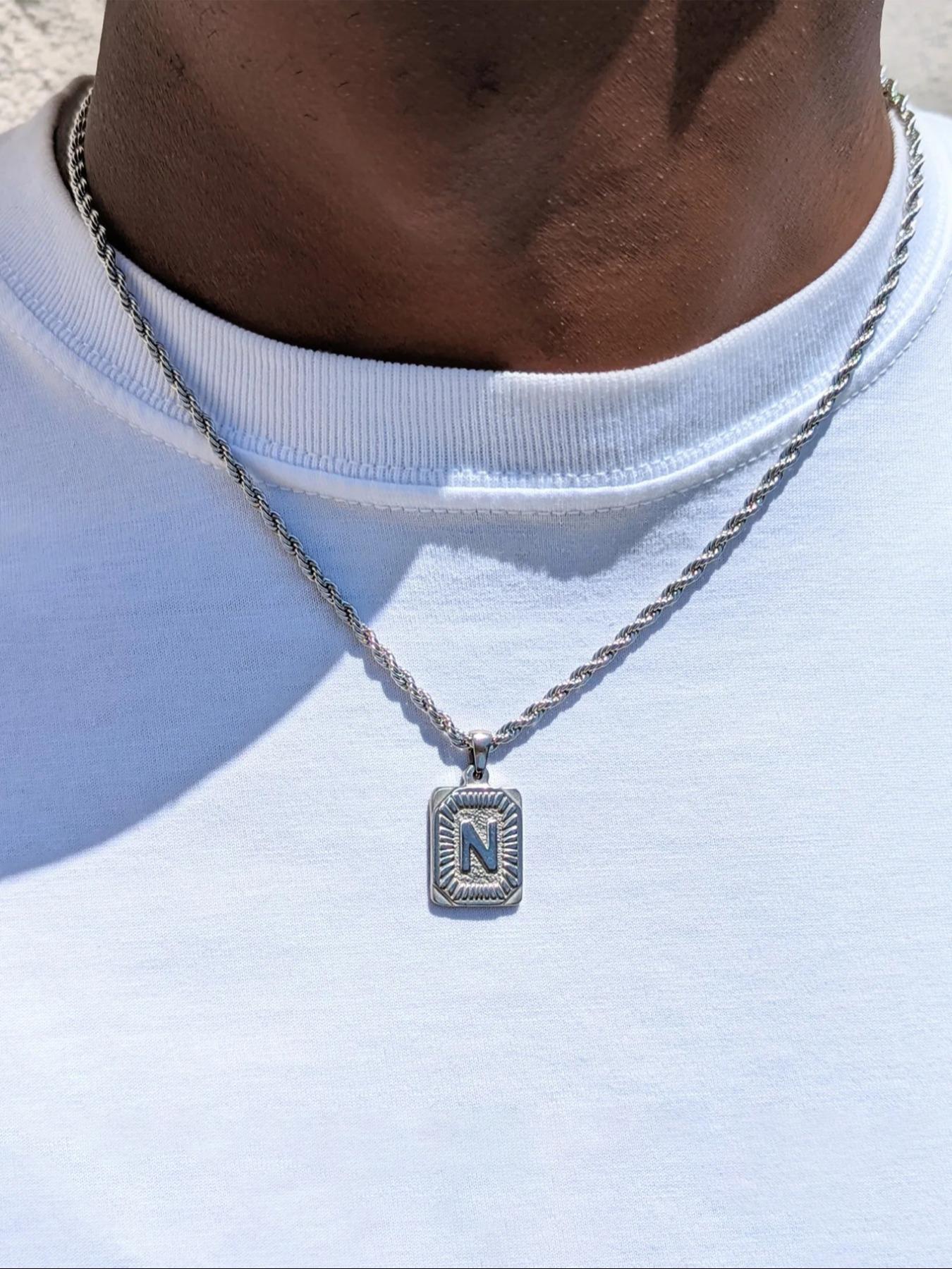 Men's Stainless Steel Necklace with Square Pendant and Initial Letter, Personalized A-Z Design, Rope Chain Jewelry, Fashion Accessory, Exquisite Jewelry Gift