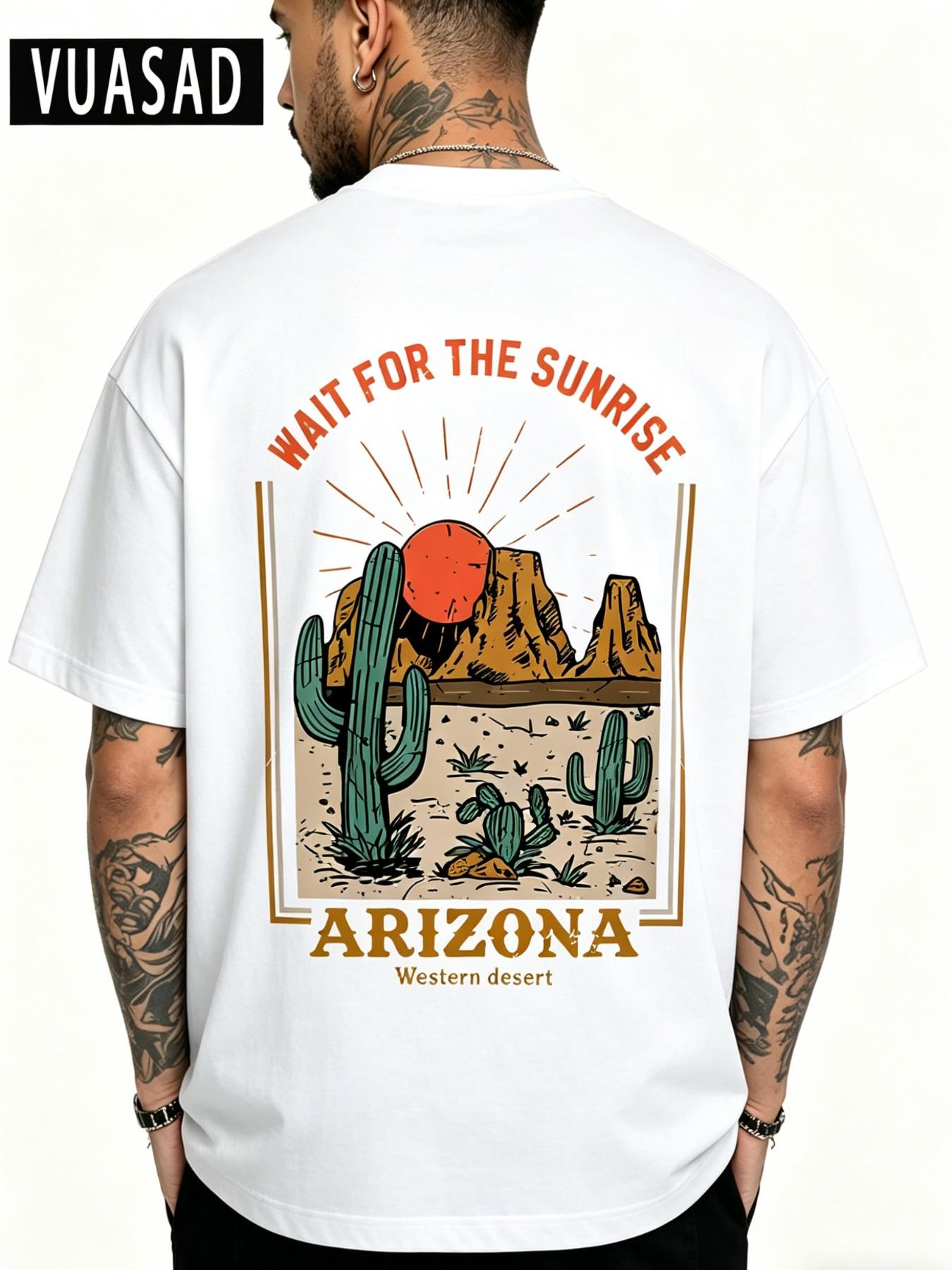 Men's Desert Cactus Landscape Casual Short Sleeve T-Shirt, Vintage Washed Style, Loose-Fit Pure Cotton Top, Daily Wear