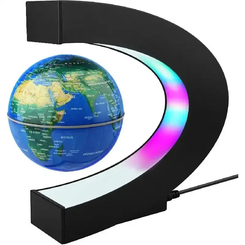 Magnetic Levitation Floating World Map Globe with C-Shape Base, 3in Wall Plug, LED Lights - Modern Home Decor Gift for Teens (Home Supplies Accessory)