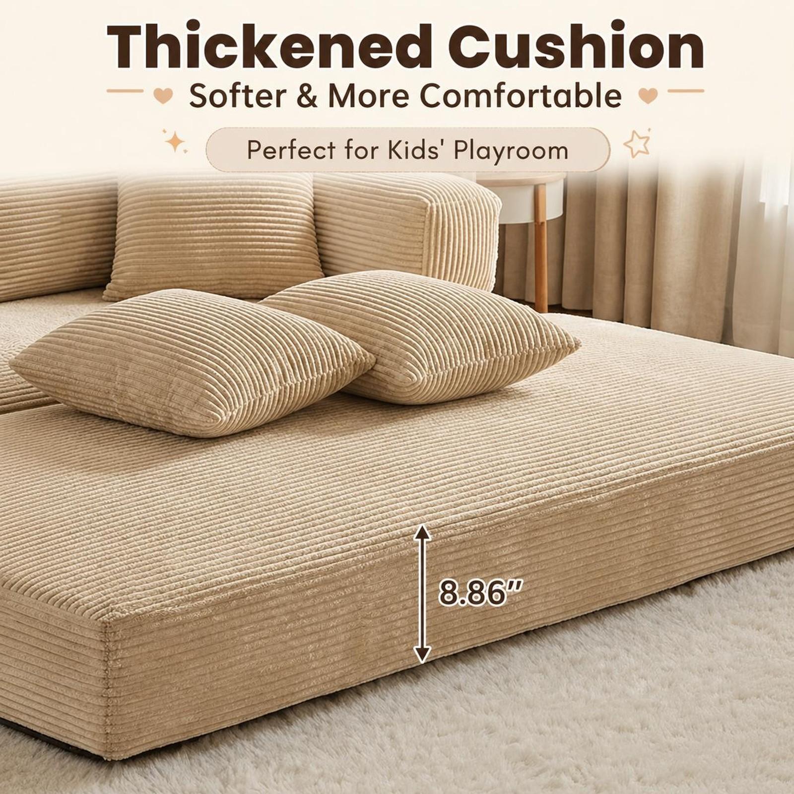 80'' Oversized Boneless Couch, 5-in-1 Convertible Sleeper Futon Sofa Bed with 2 Pillows, Deep Seat Corduroy Floor Sofa for Small Spaces, Foldable Modular Pull Out Couch for Guest Bed & Kids Play Area, No Assembly