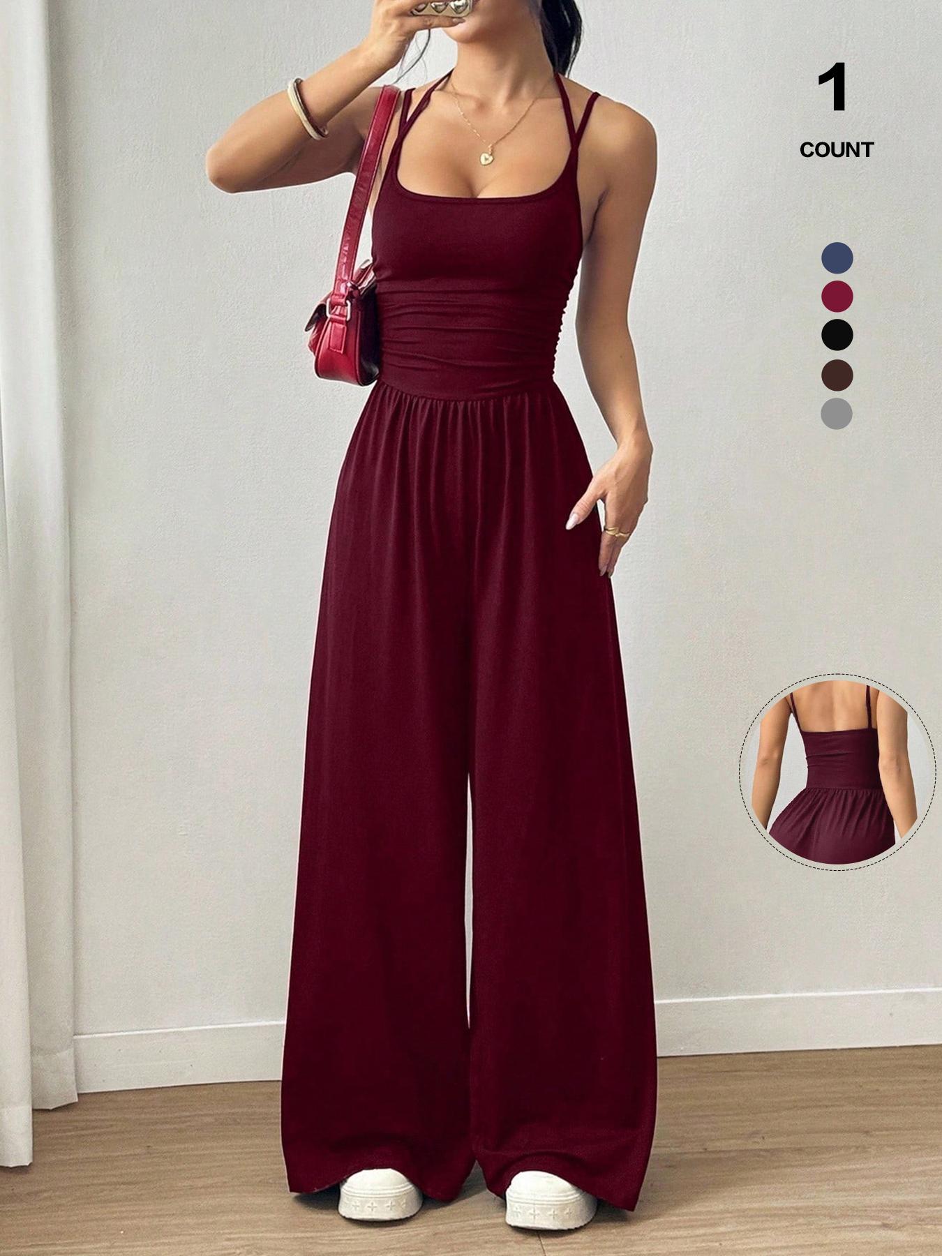 Women's Sleeveless Jumpsuit, Pleated Waist Wide-Leg Pants, One-Piece Sexy Backless Design, All Seasons Fitted Organic Textile