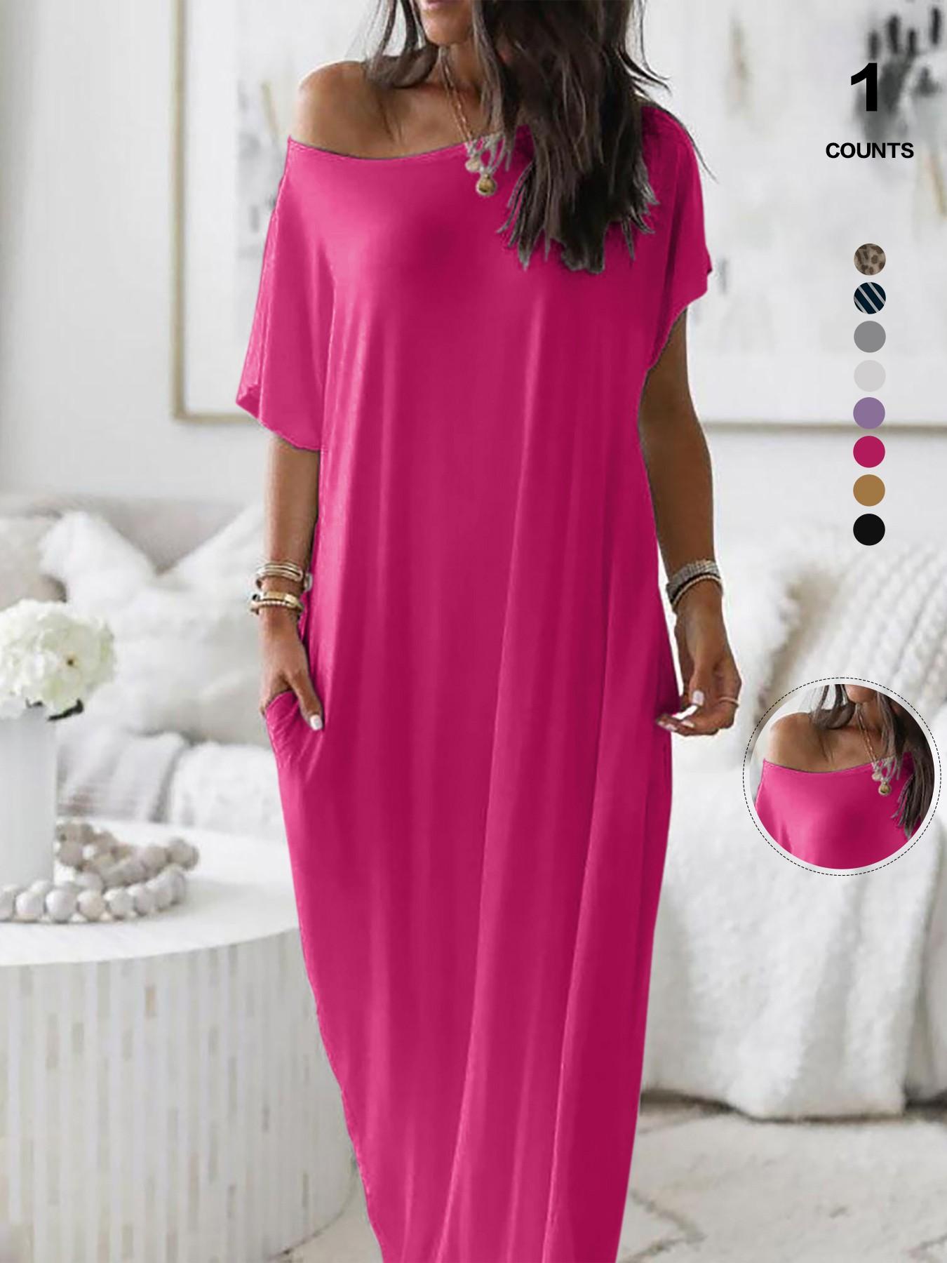 Women's Solid Color Batwing Sleeve Lounge Dress, Casual Comfy Short Sleeve Nightdress, Ladies Sleepwear for All Seasons