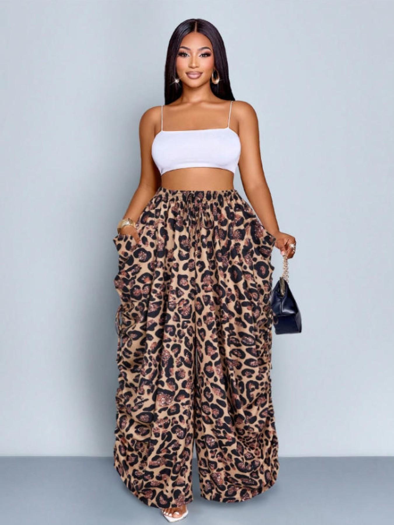 Women's Leopard Print Harem Pants Bottom, Casual High Waist Loose Breathable Cotton Linen, Medium Stretch Thin Drawstring Pockets, Streetwear Punk Style