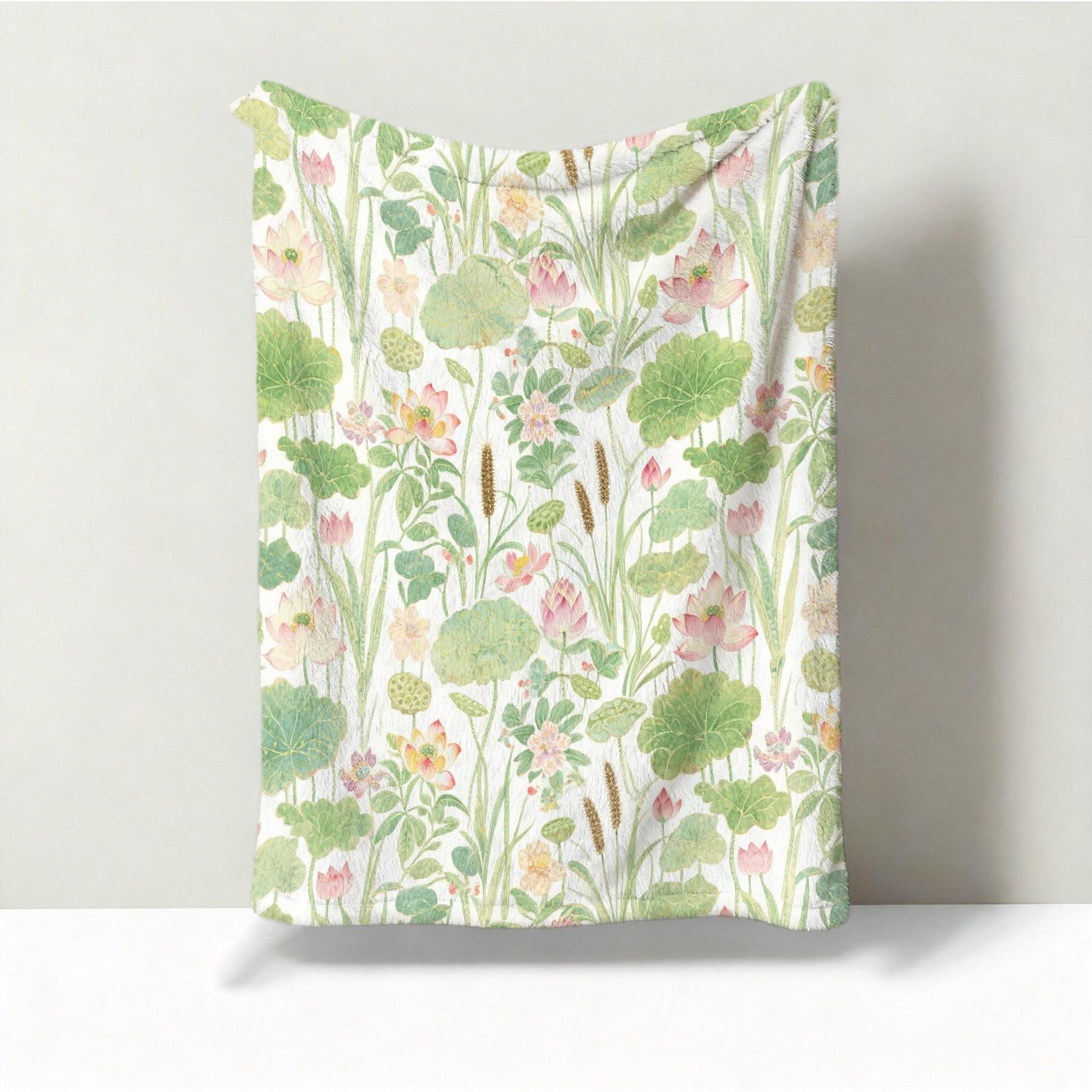 1 Piece Watercolor Lotus Pond Throw Blanket, HD Digital Single-Sided Printed Flannel Blanket, Super Soft Cozy Plush Warm Gift Blanket for Sofa Bed Travel Camping Decor