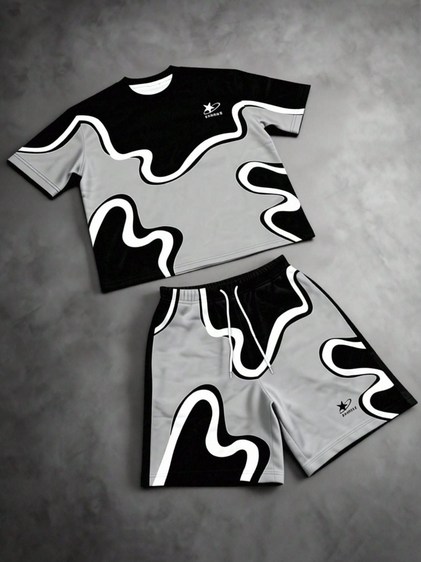 Summer 2-Piece Set for Men, Casual Patchwork T-Shirt & Shorts, Short Sleeve, Above the Knee, All over Print, Perfect for Summer