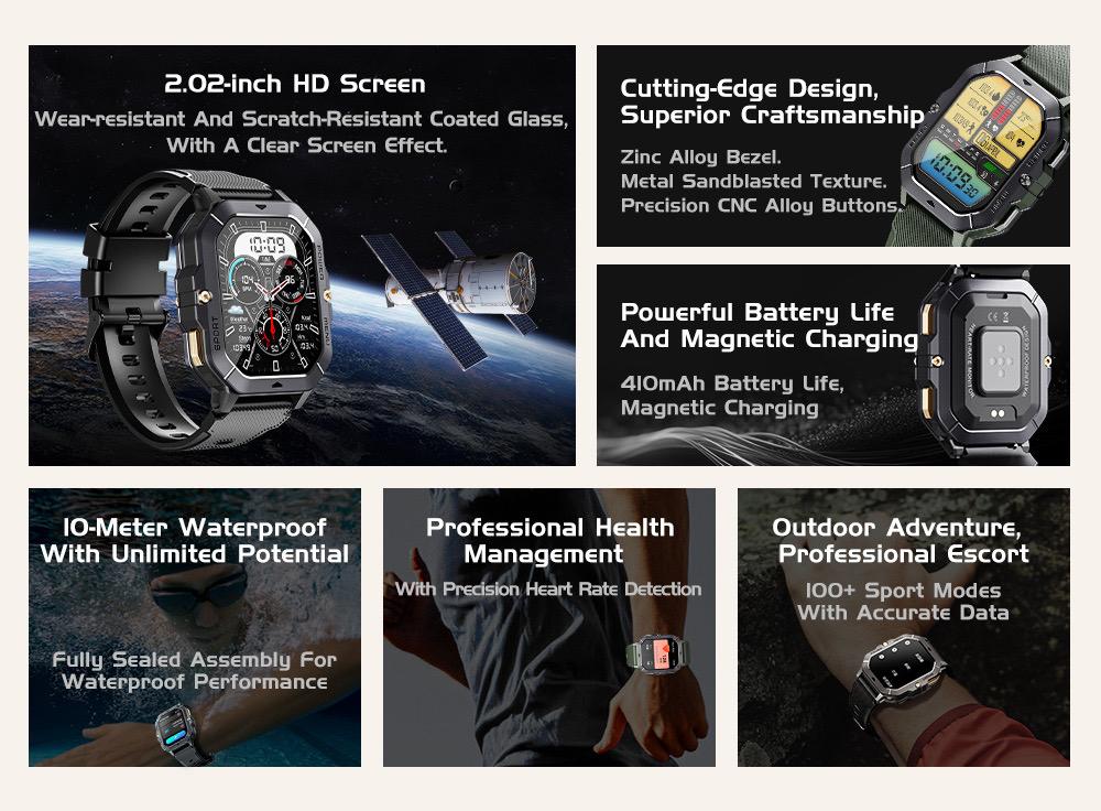 C28 Smartwatch Waterproof 2.02 Inch HD Display Ai Features Supports 10m Depth Battery Capacity 410mah over 120 Sports Modes Heart Rate Sleep Monitor