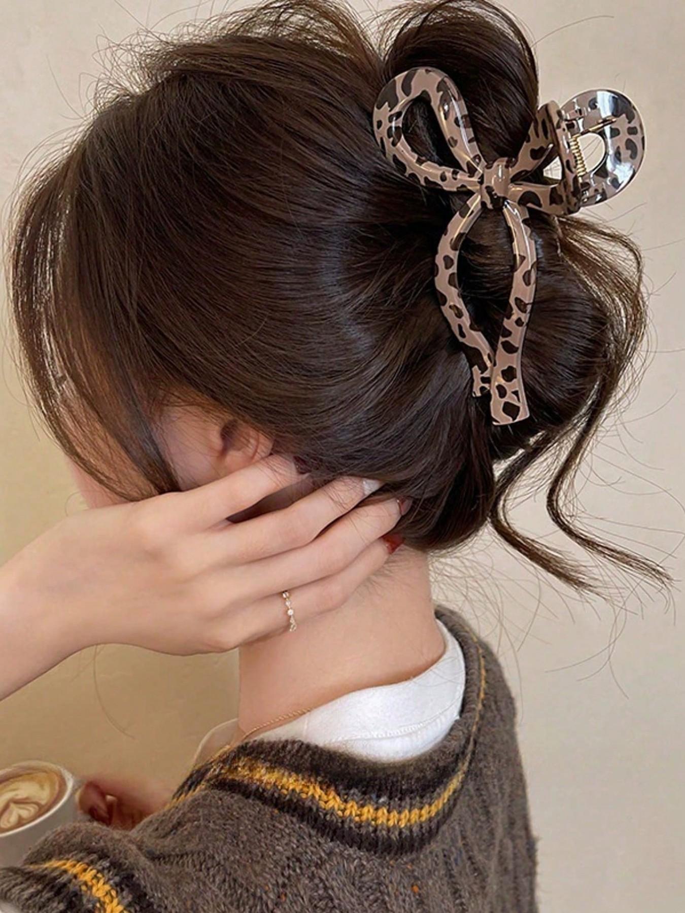 1pc Leopard Print Bow Claw Clip, Large Size Hair Clip For Women With Thick Hair Claw, Hair Accessory, Birthday Gift, Stocking Stuffers, Stocking Fillers, Gifts, Hair Clips For Thick Hair