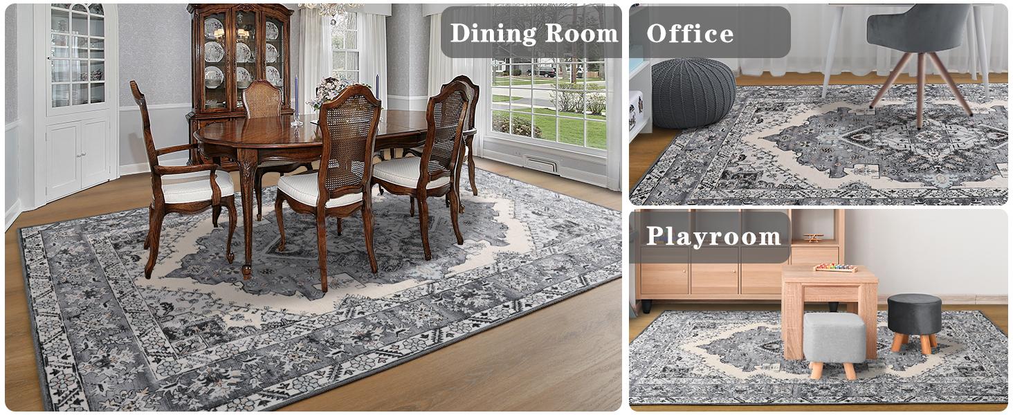 Machine washable vintage area rug, non-slip low-pile large rug for living room, bedroom, farmhouse, dining room, colors: black, orange, beige, grey, blue, sizes: 5x8, 7x10, 9x11 ft