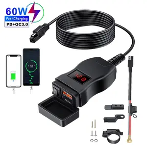6.4A QC3.0 + PD Motorcycle USB Phone Charger, Waterproof 12V Power Adapter with Switch LCD Digital Display Voltage Meter Socket, Motorcycle Accessories, Motorbike