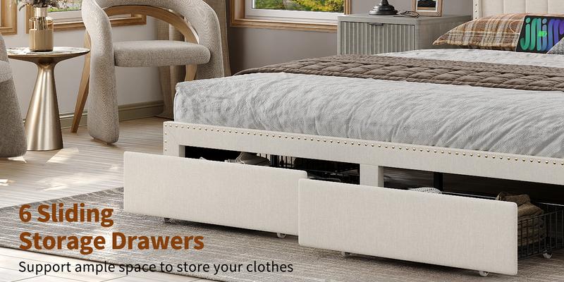 FUSOU RGB Light Storage Headboard Bed Frame with Charging Station [FRAME ONLY NO MATTRESS]Upholstered Bed Frame with 4 Drawers and 2-Tier Storage Headboard, Noise Free, Easy Assembly, Wooden Slats Support, No Box Spring Needed, Beige,Queen Size, King Size