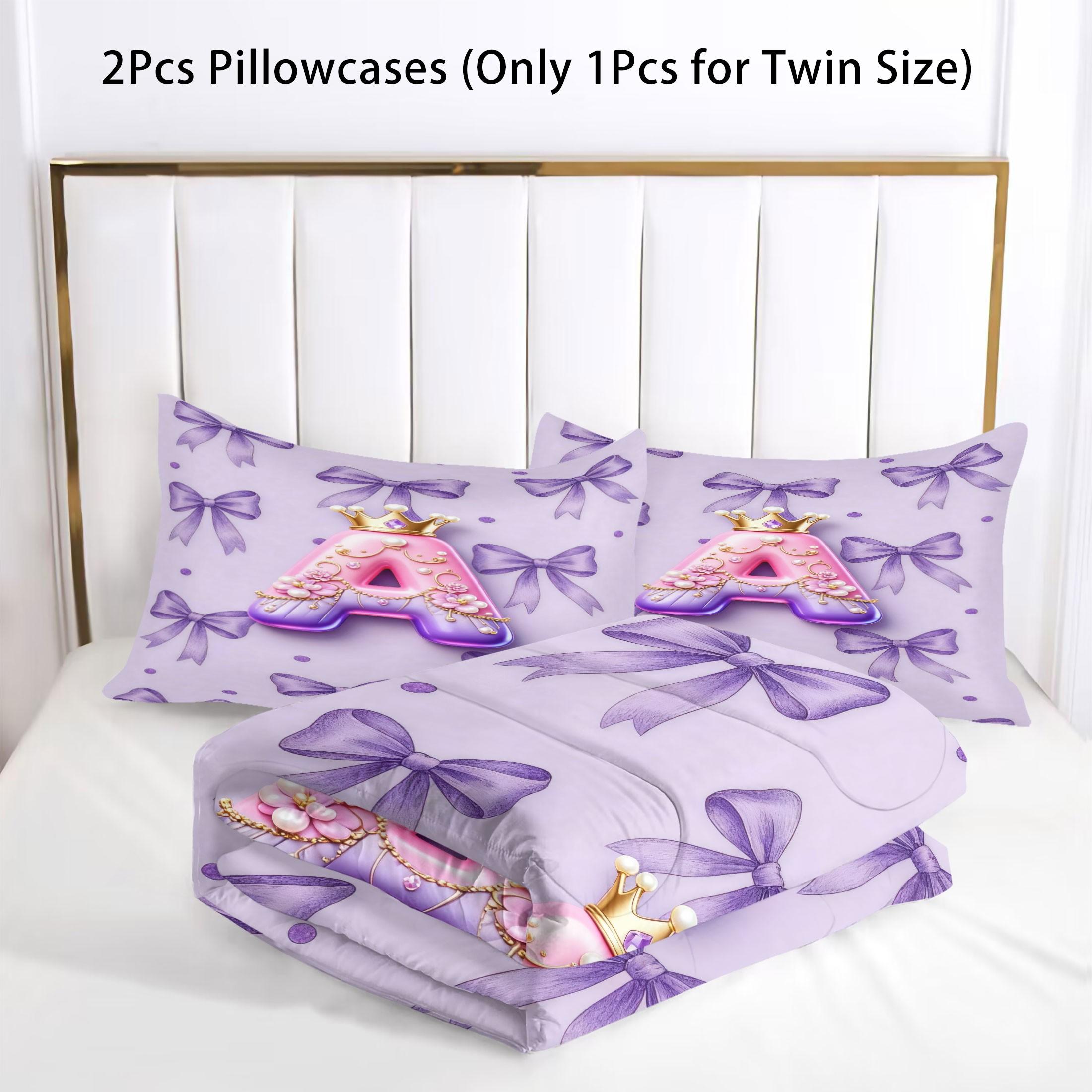 Bow Pattern Comforter Set, 3D Crown Letter Print Comfy Bedding Set, Fashion Princess Style Design, Soft and Comfortable Microfiber Material, Perfect for Girls Teenage Room Decor Home Decorating Kit, No Filler Included