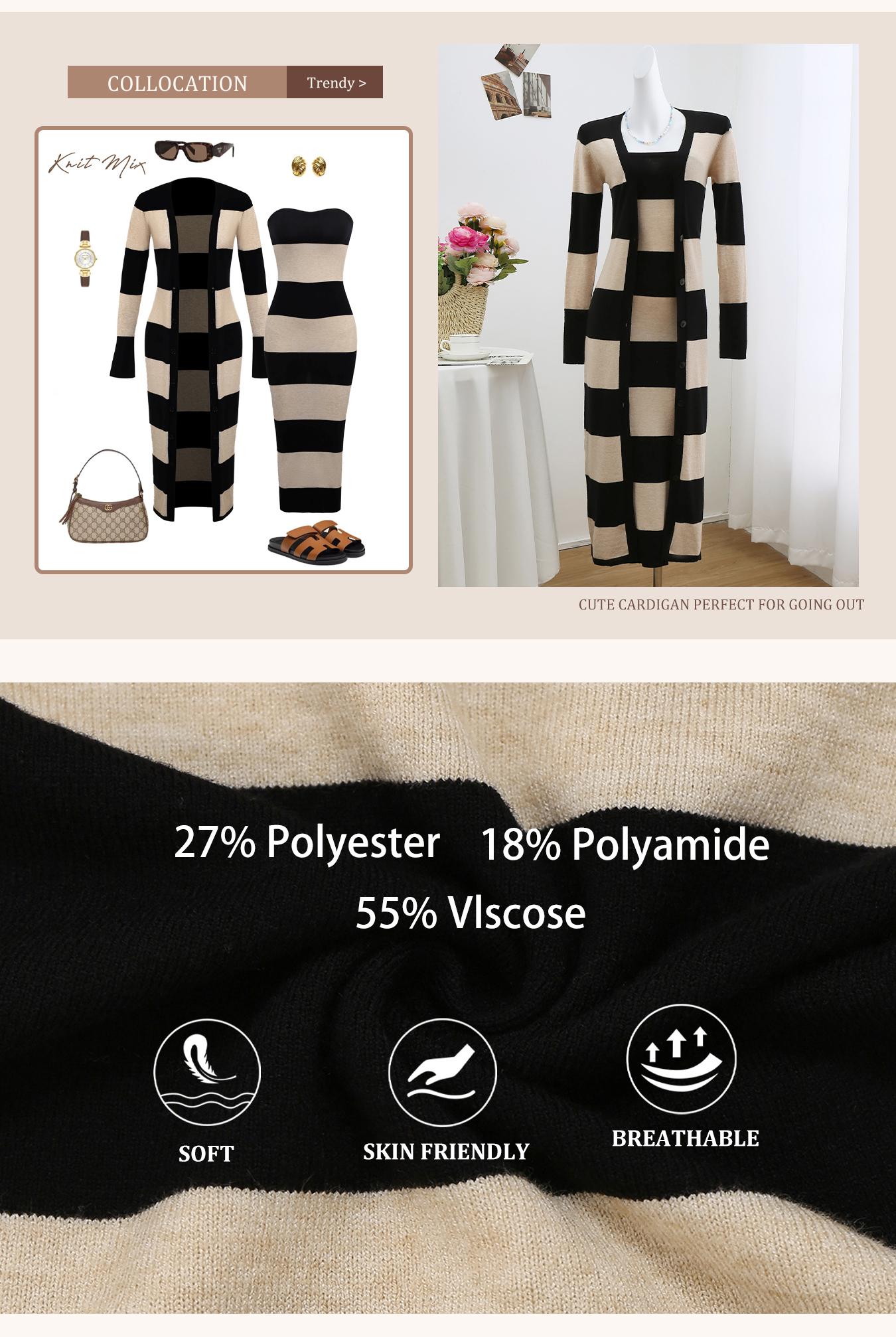 Women's Striped Print Button Front Longline Cardigan & Tube Dress Two-piece Set, Casual Long Sleeve Outerwear & Strapless Long Dress for Daily Wear, Casual Chic Dress, Ladies Two-piece Outfits for All Seasons