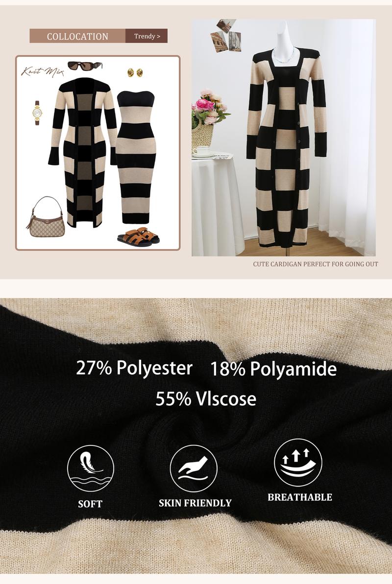 Women's Striped Print Button Front Longline Cardigan & Tube Dress Two-piece Set, Casual Long Sleeve Outerwear & Strapless Long Dress for Daily Wear, Casual Chic Dress, Ladies Two-piece Outfits for All Seasons