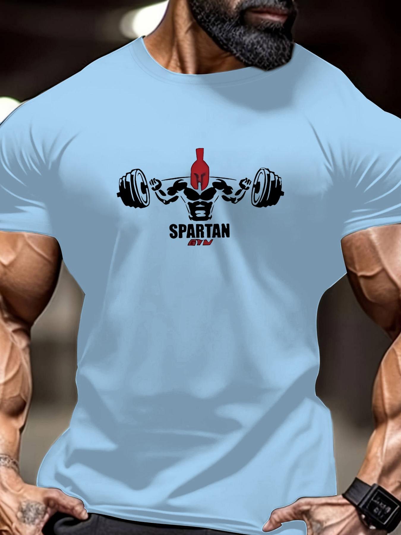 Men's Regular Fit Spartan Print Round Neck Tee, Casual Short Sleeve Crew Neck T-Shirt for Summer, Fashion Men's Top for Gym Workout Running Athletic Style Activewear Clothing