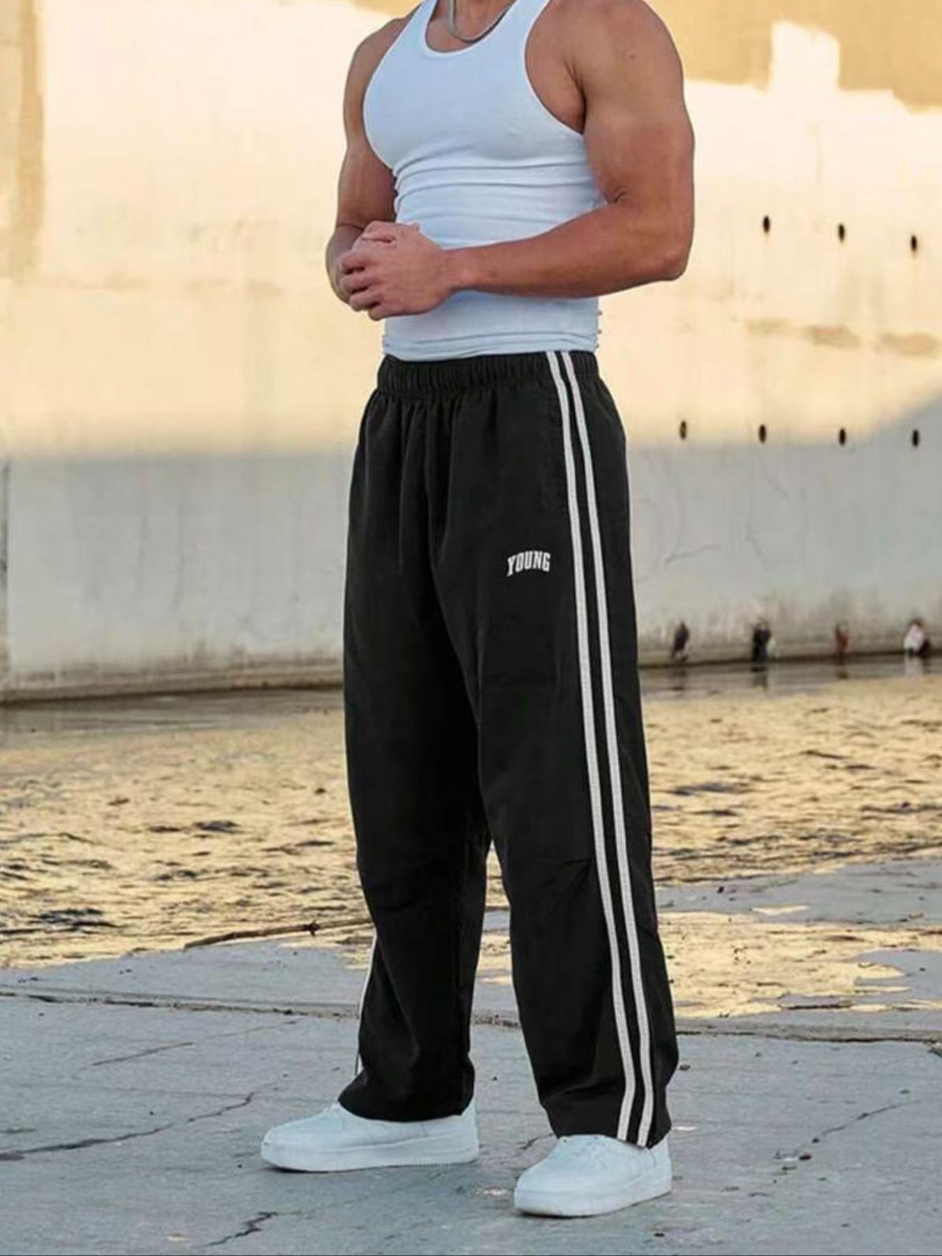 Men's Letter & Striped Print Pockets Pants, Regular Fit Casual Comfy Breathable Pants for Outdoor Daily Wear, Men's Trousers for All Seasons