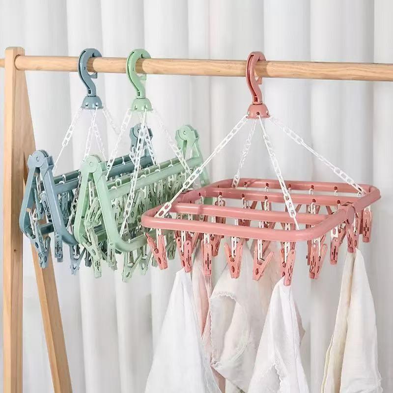 1pc Foldable Plastic Hanger with 32 Clips Multi Functional Windproof Socks Clips and Drying Hanger Clothes Hanger Space Saving Multifunctional Clothes Hanger